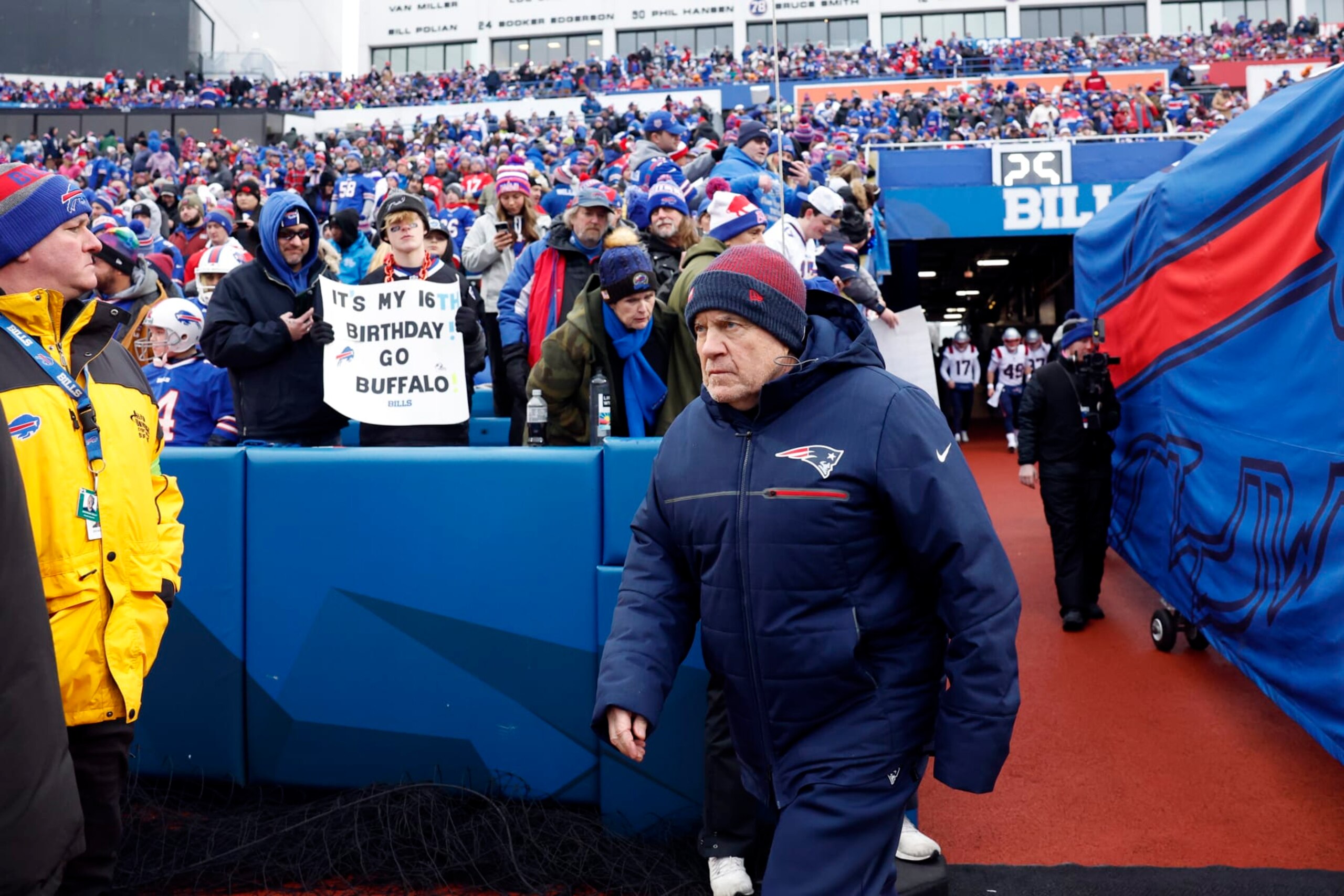 Orchard Park, NY - December 31: New England Patriots head coach Bill Belichick walks onto the field before the game. The Patriots lost to the Buffalo Bills, 27-21. (Photo by Danielle Parhizkaran/The Boston Globe via Getty Images)