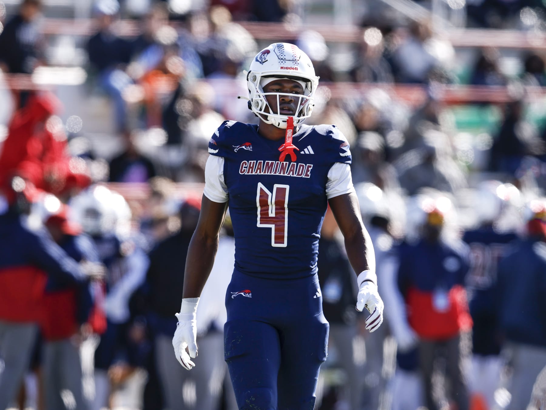 TALLAHASSEE, FLORIDA - DECEMBER 07: Wide Receiver Jeremiah Smith #4 of the Chaminade-Madonna Lions during the FHSAA Class1M Football State Championship game against the Clearwater Central Catholic Marauders at Bragg Memorial Stadium on Ken Riley Field on the campus of Florida A&M University on December 7, 2023 in Tallahassee, Florida. Smith is a 5-star Wide Receiver recruit and the #1 collegiate prospect in the nation. He has committed to the Ohio State Buckeyes. The Lions defeated the Marauders 56 to 0. (Photo by Don Juan Moore/Getty Images)