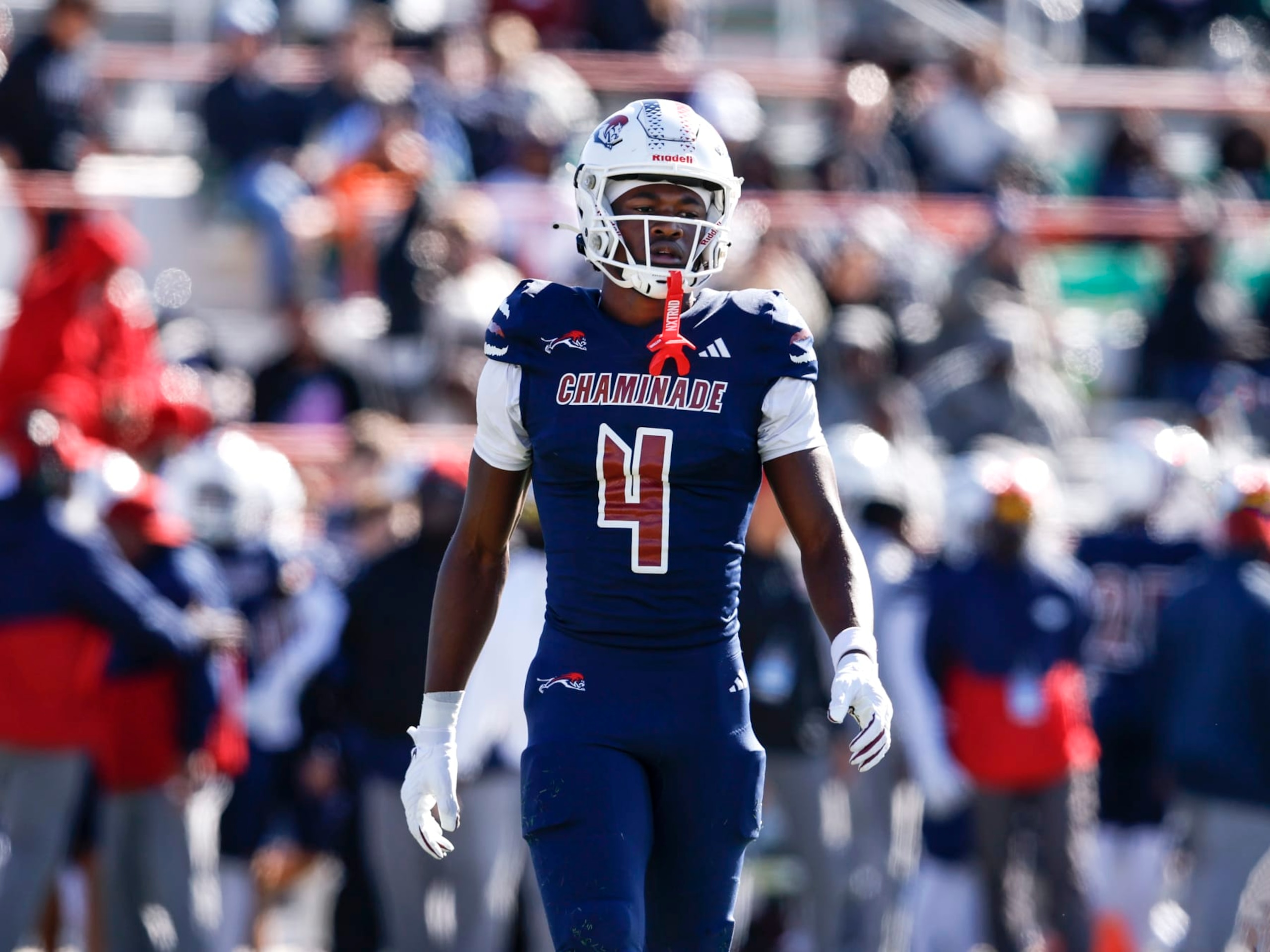 TALLAHASSEE, FLORIDA - DECEMBER 07: Wide Receiver Jeremiah Smith #4 of the Chaminade-Madonna Lions during the FHSAA Class1M Football State Championship game against the Clearwater Central Catholic Marauders at Bragg Memorial Stadium on Ken Riley Field on the campus of Florida A&M University on December 7, 2023 in Tallahassee, Florida. Smith is a 5-star Wide Receiver recruit and the #1 collegiate prospect in the nation. He has committed to the Ohio State Buckeyes. The Lions defeated the Marauders 56 to 0. (Photo by Don Juan Moore/Getty Images)