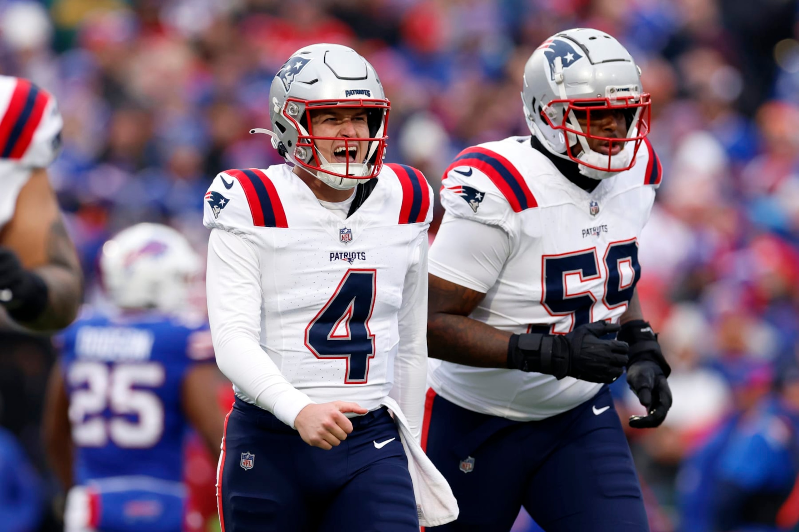 Orchard Park, NY - December 31: New England Patriots QB Bailey Zappe reacts to a sack in the first half. The Patriots lost to the Buffalo Bills, 27-21. (Photo by Danielle Parhizkaran/The Boston Globe via Getty Images) Orchard Park, NY - December 31: New England Patriots QB Bailey Zappe reacts to a sack in the first half. The Patriots lost to the Buffalo Bills, 27-21. (Photo by Danielle Parhizkaran/The Boston Globe via Getty Images)