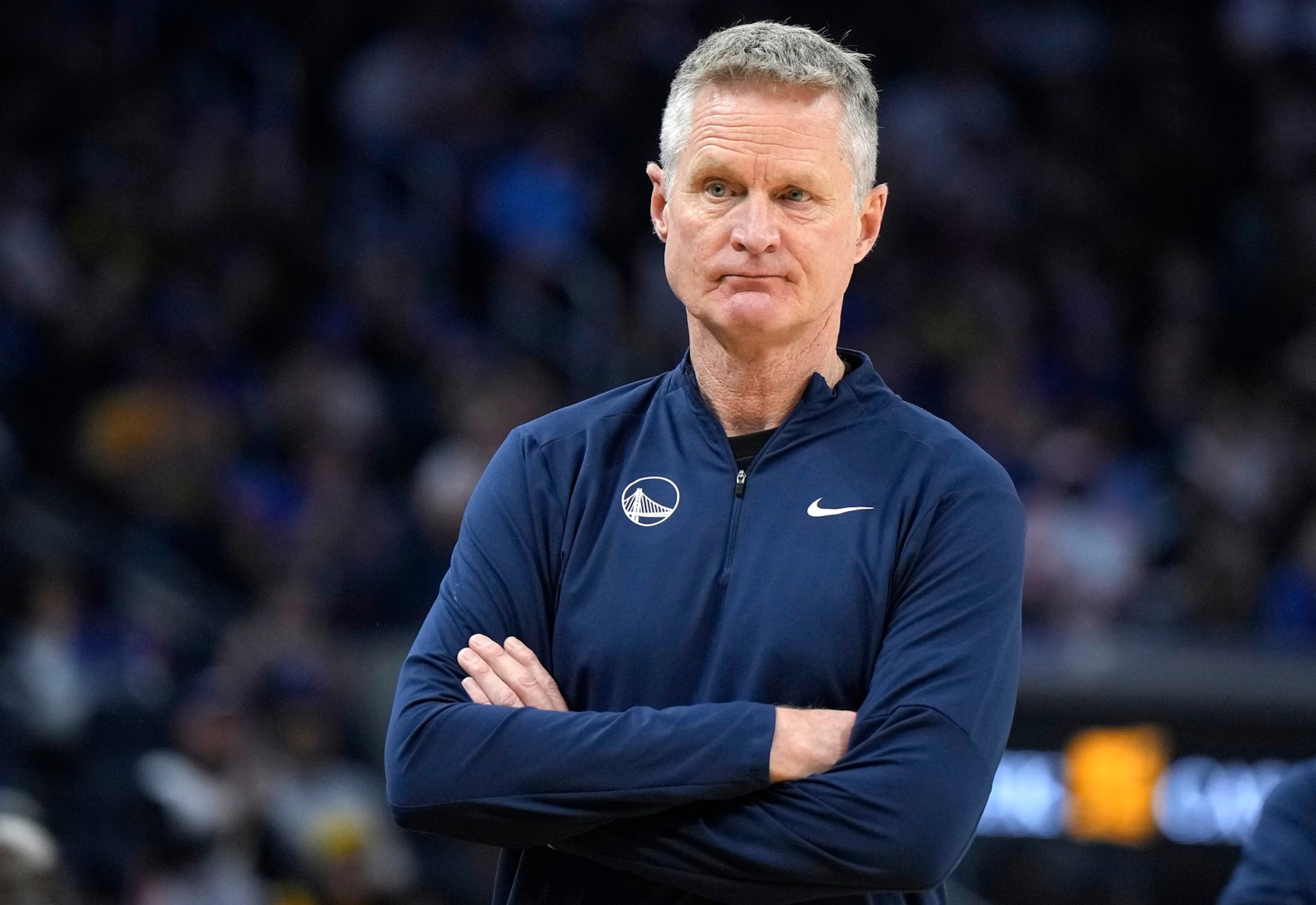 SAN FRANCISCO, CALIFORNIA - DECEMBER 30: Head coach Steve Kerr of the Golden State Warriors looks on against the Dallas Mavericks during second quarter at Chase Center on December 30, 2023 in San Francisco, California. NOTE TO USER: User expressly acknowledges and agrees that, by downloading and or using this photograph, User is consenting to the terms and conditions of the Getty Images License Agreement. (Photo by Thearon W. Henderson/Getty Images)