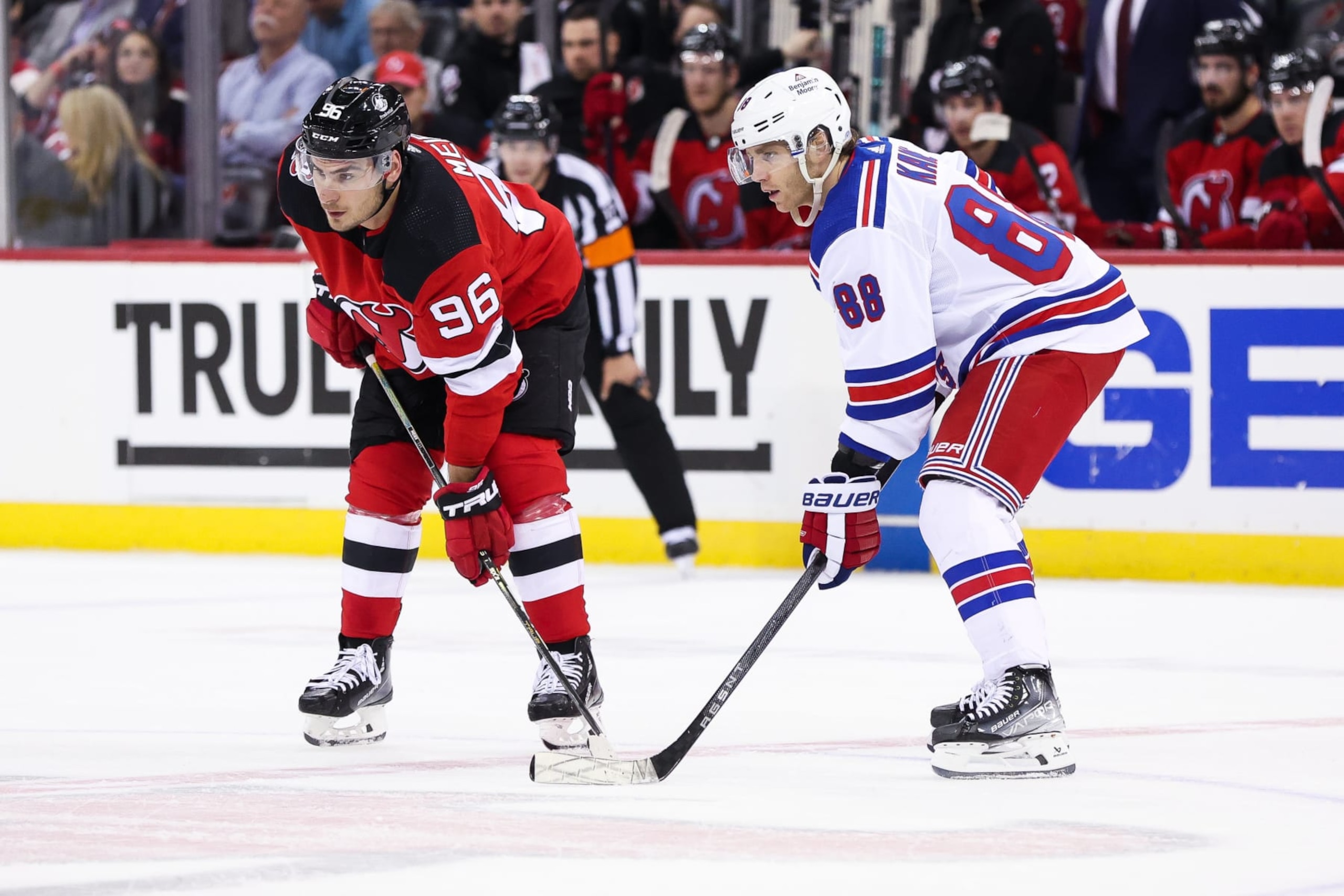 New Jersey Devils winger Timo Meier (left) and then-New York Rangers winger Patrick Kane during the 2023 Stanley Cup playoffs. 