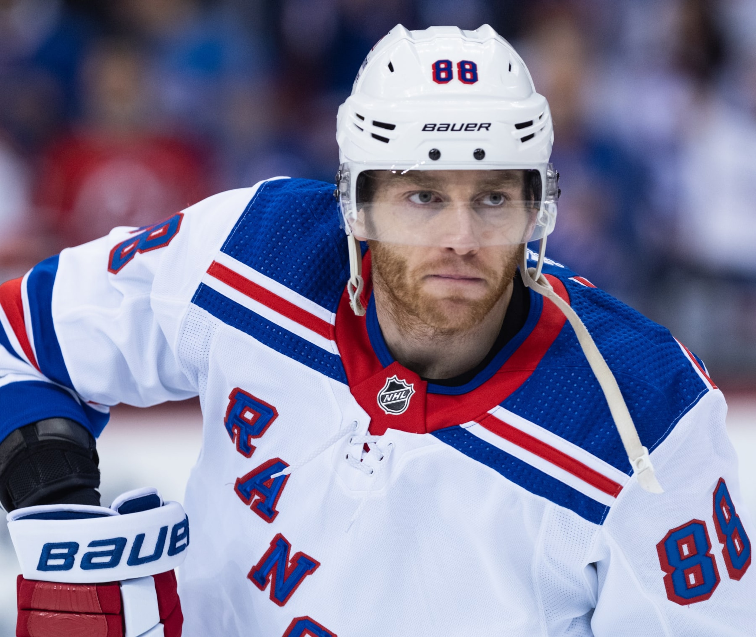 NEWARK, NEW JERSEY - MAY 01: Patrick Kane #88 of the New York Rangers skates during warmups prior to the game against the New York Rangers in Game Seven of the First Round of the 2023 Stanley Cup Playoffs at Prudential Center on May 01, 2023 in Newark, New Jersey. (Photo by Michael Mooney/NHLI via Getty Images)