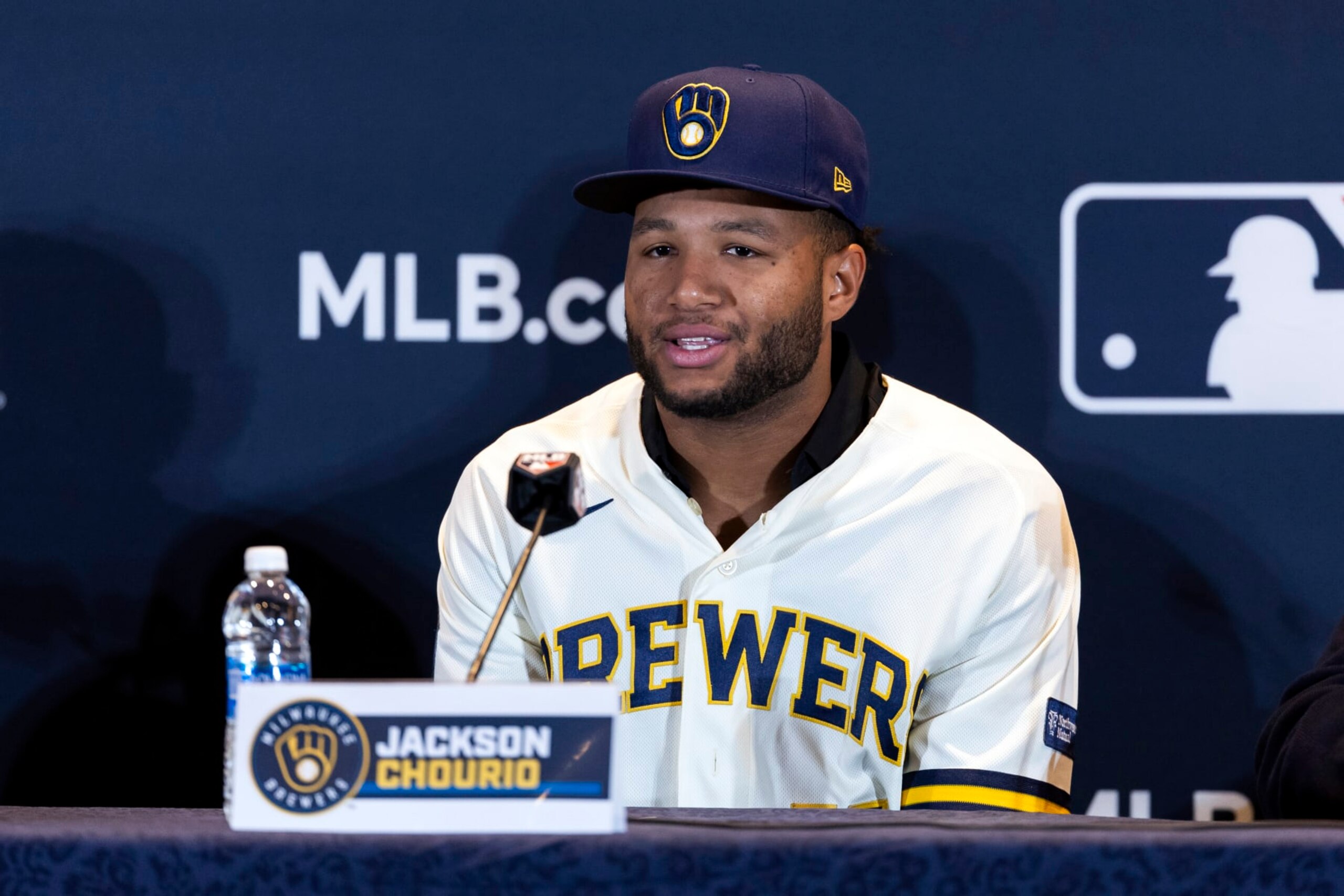 NASHVILE, TN - DECEMBER 04: Jackson Churio talks to media durin the press conference announcing his long term contract at the Gaylord Opryland Resort & Convention Center on Monday, December 4, 2023 in Nashvile, Tennessee. (Photo by Casey Gower/MLB Photos via Getty Images)