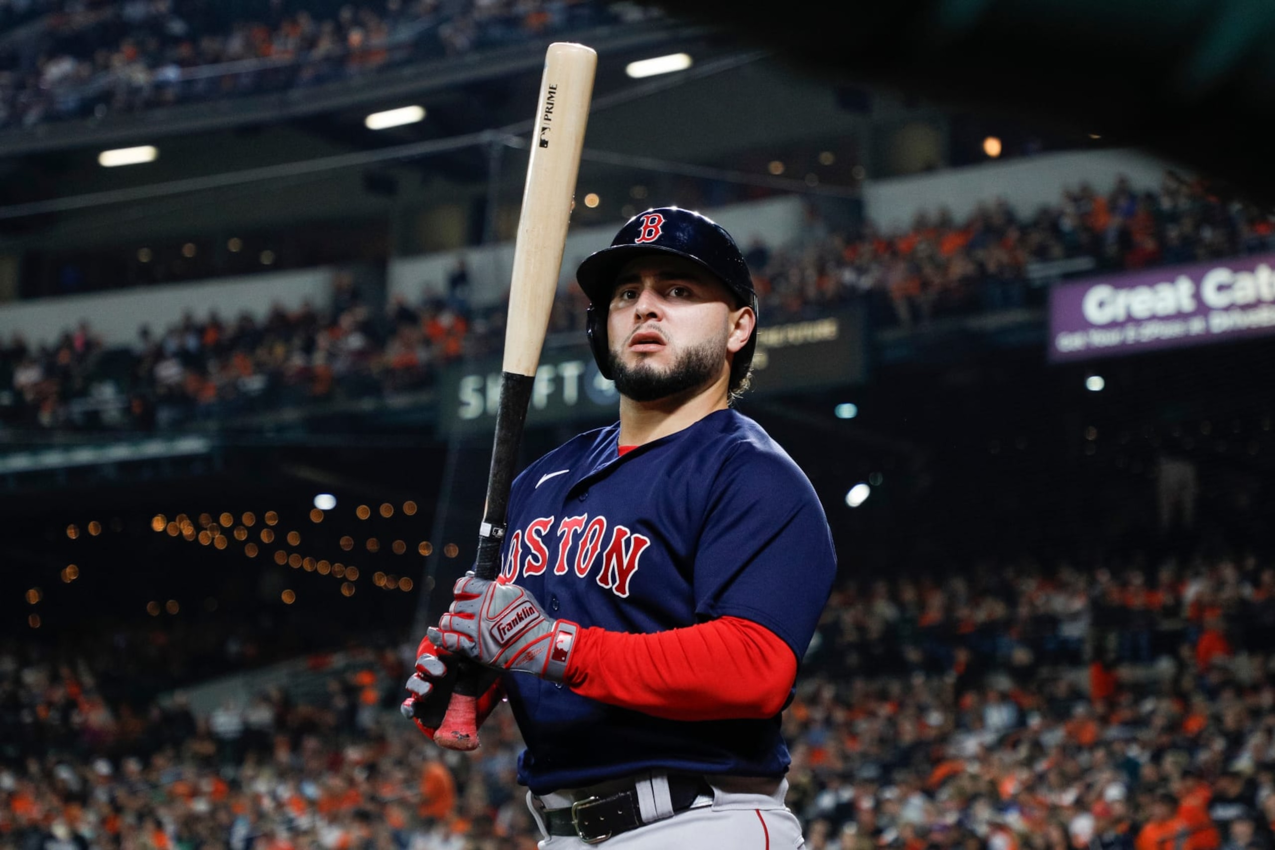 BALTIMORE, MARYLAND - SEPTEMBER 28: Wilyer Abreu #52 of the Boston Red Sox waits in the on-deck circle during the seventh inning in a game against the Baltimore Orioles at Oriole Park at Camden Yards on September 28, 2023 in Baltimore, Maryland. (Photo by Brandon Sloter/Image Of Sport/Getty Images)
