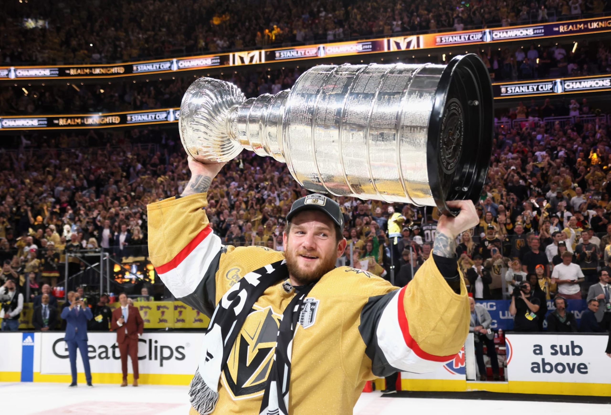 LAS VEGAS, NEVADA - JUNE 13: Jonathan Quick #32 of the Vegas Golden Knights celebrates the Stanley Cup victory over the Florida Panthers in Game Five of the 2023 NHL Stanley Cup Final at T-Mobile Arena on June 13, 2023 in Las Vegas, Nevada. (Photo by Bruce Bennett/Getty Images)