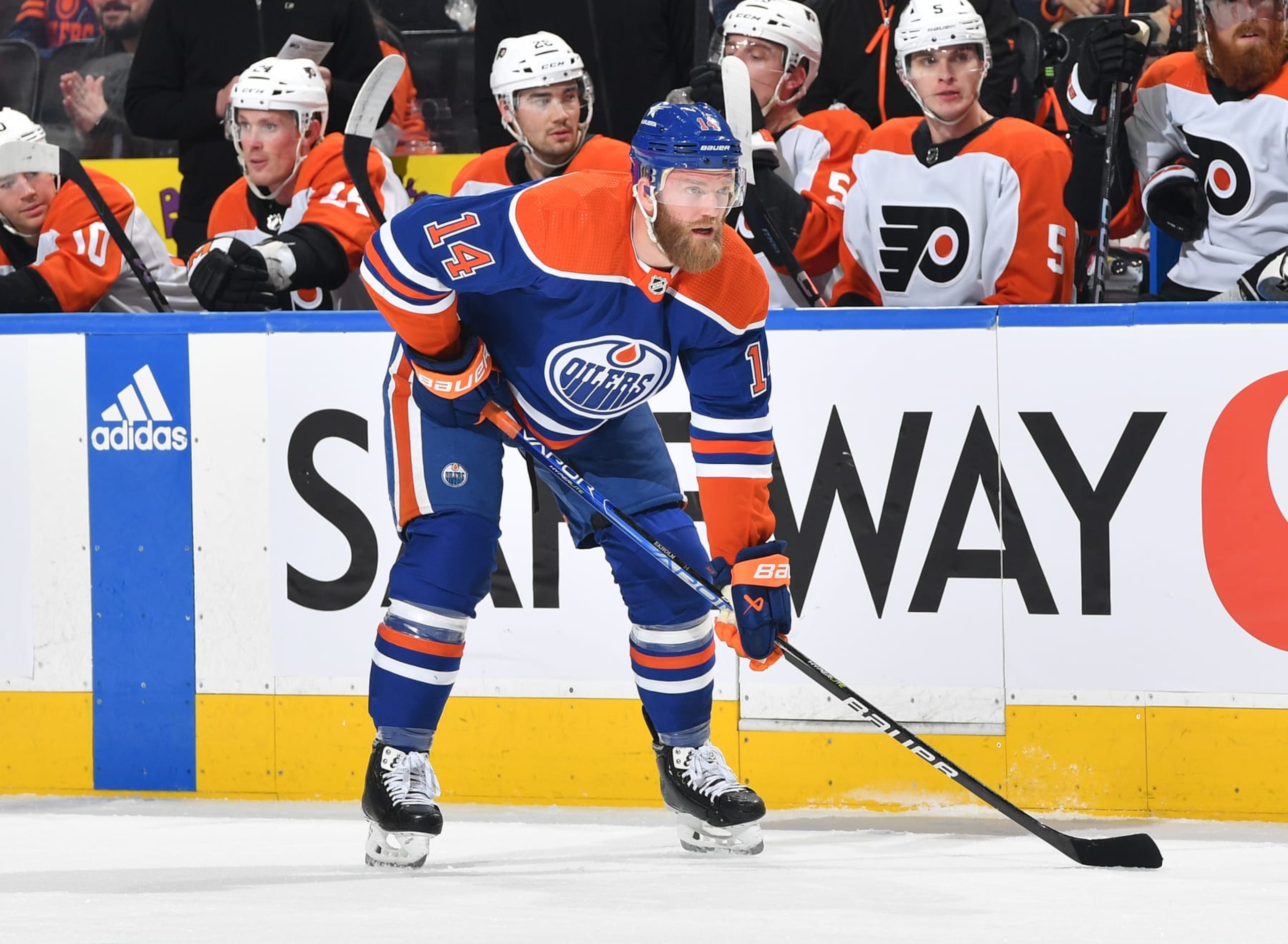 EDMONTON, CANADA - JANUARY 2: Mattias Ekholm #14 of the Edmonton Oilers awaits a face-off during the game against the Philadelphia Flyers at Rogers Place on January 02, 2024, in Edmonton, Alberta, Canada. (Photo by Andy Devlin/NHLI via Getty Images)