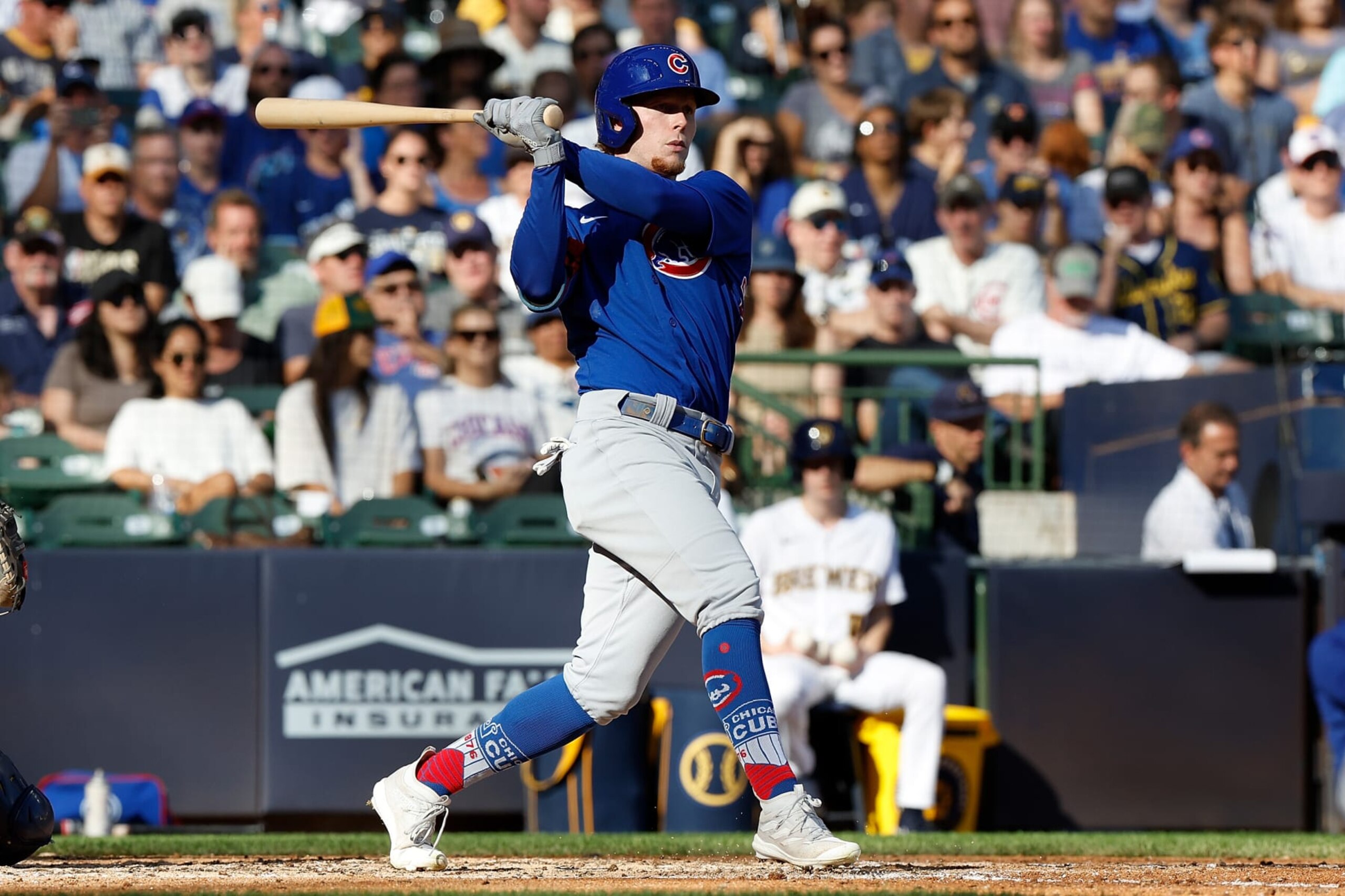 MILWAUKEE, WISCONSIN - OCTOBER 01: Pete Crow-Armstrong #52 of the Chicago Cubs up to bat during the game against the Milwaukee Brewers at American Family Field on October 01, 2023 in Milwaukee, Wisconsin. (Photo by John Fisher/Getty Images)