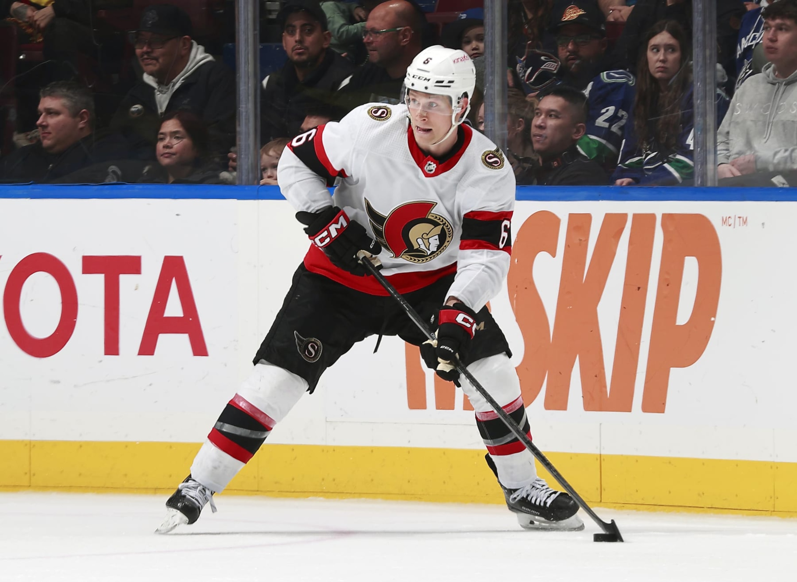 VANCOUVER, CANADA - JANUARY 02: Jakob Chychrun #6 of the Ottawa Senators skates up ice during their NHL game against the Vancouver Canucks at Rogers Arena on January 2, 2024 in Vancouver, British Columbia, Canada.  (Photo by Jeff Vinnick/NHLI via Getty Images)