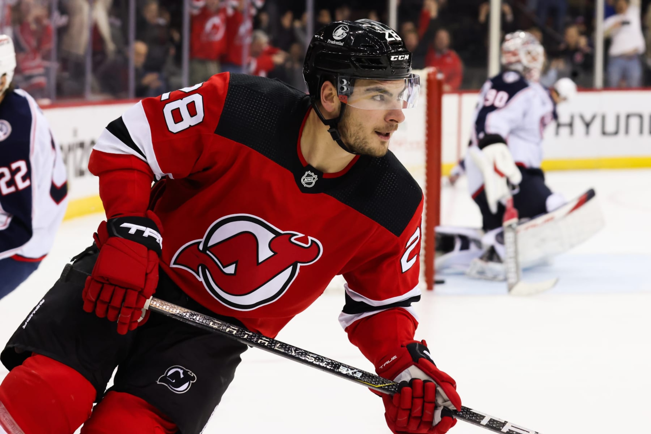 NEWARK, NJ - DECEMBER 27: New Jersey Devils right wing Timo Meier (28) scores the game winning goal in overtime during a game between the Columbus Blue Jackets and New Jersey Devils on December 27, 2023 at Prudential Center in the Newark, New Jersey. (Photo by Andrew Mordzynski/Icon Sportswire via Getty Images)