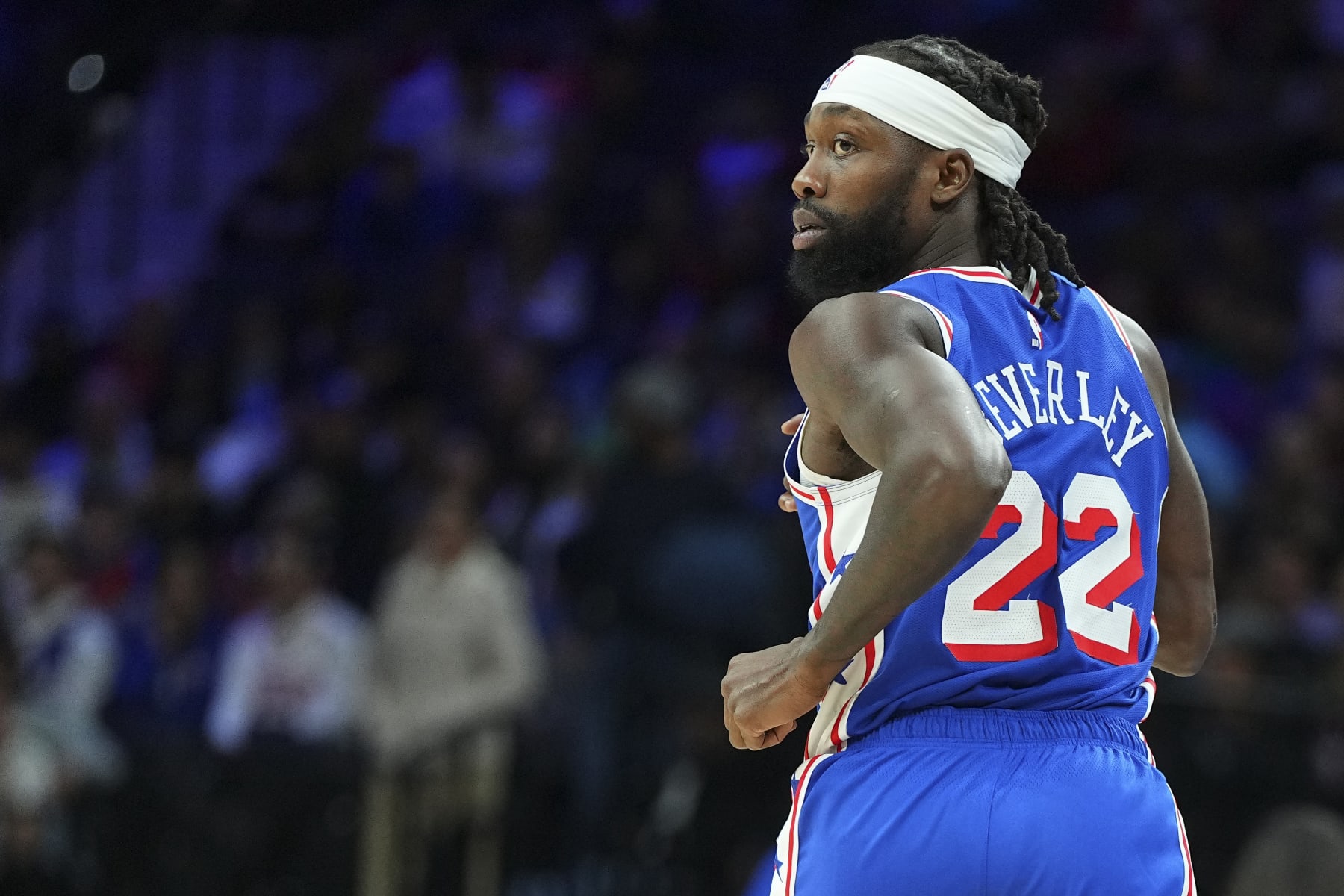 PHILADELPHIA, PENNSYLVANIA - JANUARY 2: Patrick Beverley #22 of the Philadelphia 76ers looks on as he runs up the court against the Chicago Bulls at the Wells Fargo Center on January 2, 2024 in Philadelphia, Pennsylvania. The 76ers defeated the Bulls 110-97. NOTE TO USER: User expressly acknowledges and agrees that, by downloading and or using this photograph, User is consenting to the terms and conditions of the Getty Images License Agreement. (Photo by Mitchell Leff/Getty Images)