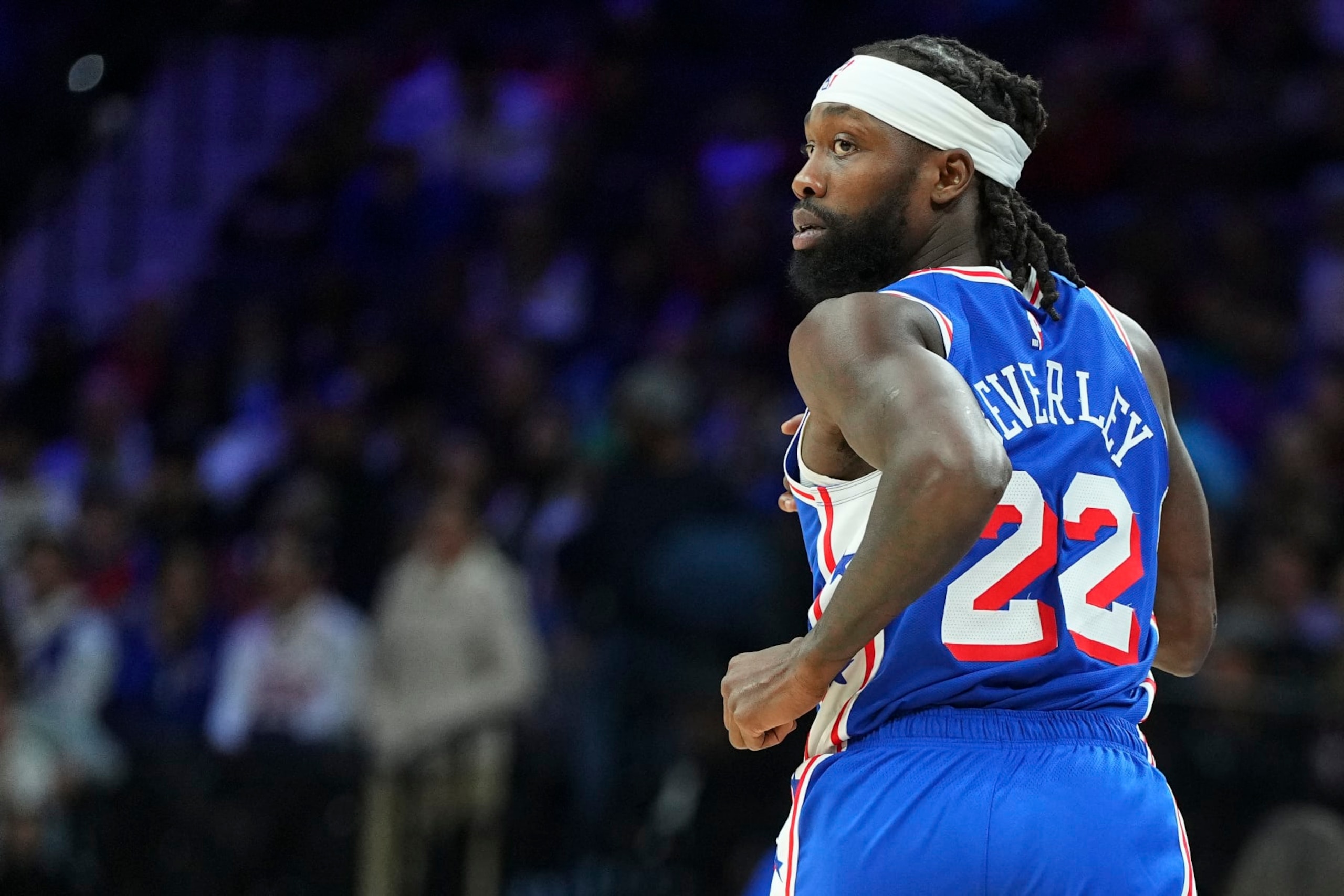 PHILADELPHIA, PENNSYLVANIA - JANUARY 2: Patrick Beverley #22 of the Philadelphia 76ers looks on as he runs up the court against the Chicago Bulls at the Wells Fargo Center on January 2, 2024 in Philadelphia, Pennsylvania. The 76ers defeated the Bulls 110-97. NOTE TO USER: User expressly acknowledges and agrees that, by downloading and or using this photograph, User is consenting to the terms and conditions of the Getty Images License Agreement. (Photo by Mitchell Leff/Getty Images)