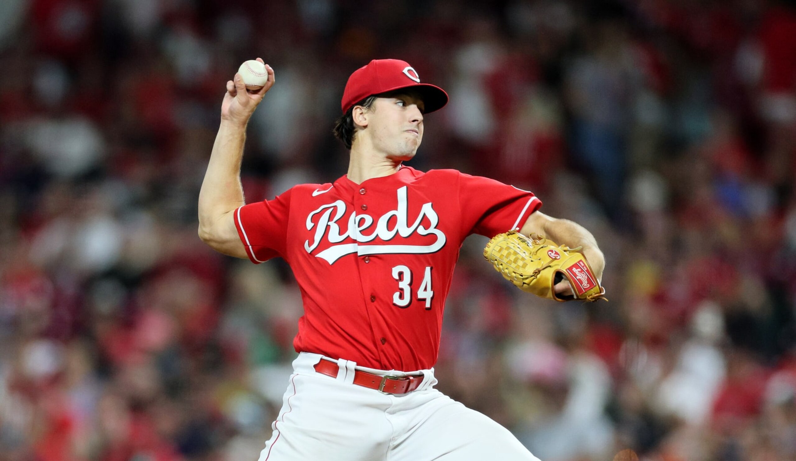 CINCINNATI, OHIO - SEPTEMBER 23: Connor Phillips #34 of the Cincinnati Reds against the Pittsburgh Pirates at Great American Ball Park on September 23, 2023 in Cincinnati, Ohio. (Photo by Andy Lyons/Getty Images)