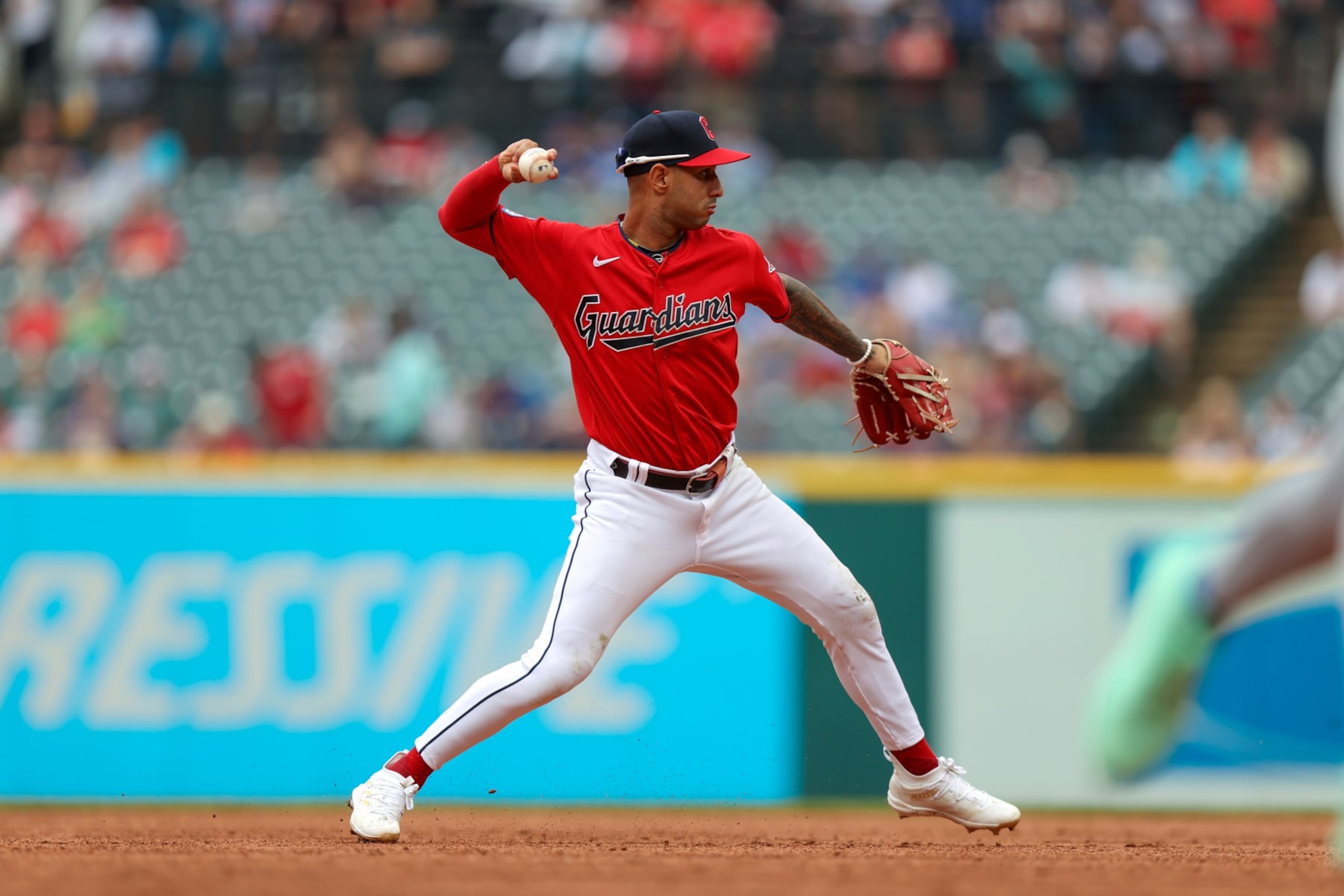 CLEVELAND, OH - AUGUST 24: Cleveland Guardians shortstop Brayan Rocchio (6) throws to first base for an out during the ninth inning of the Major League Baseball game between the Los Angeles Dodgers and Cleveland Guardians on August 24, 2023, at Progressive Field in Cleveland, OH. This was the completion of the game suspended due to weather on August 23, 2023. (Photo by Frank Jansky/Icon Sportswire via Getty Images)