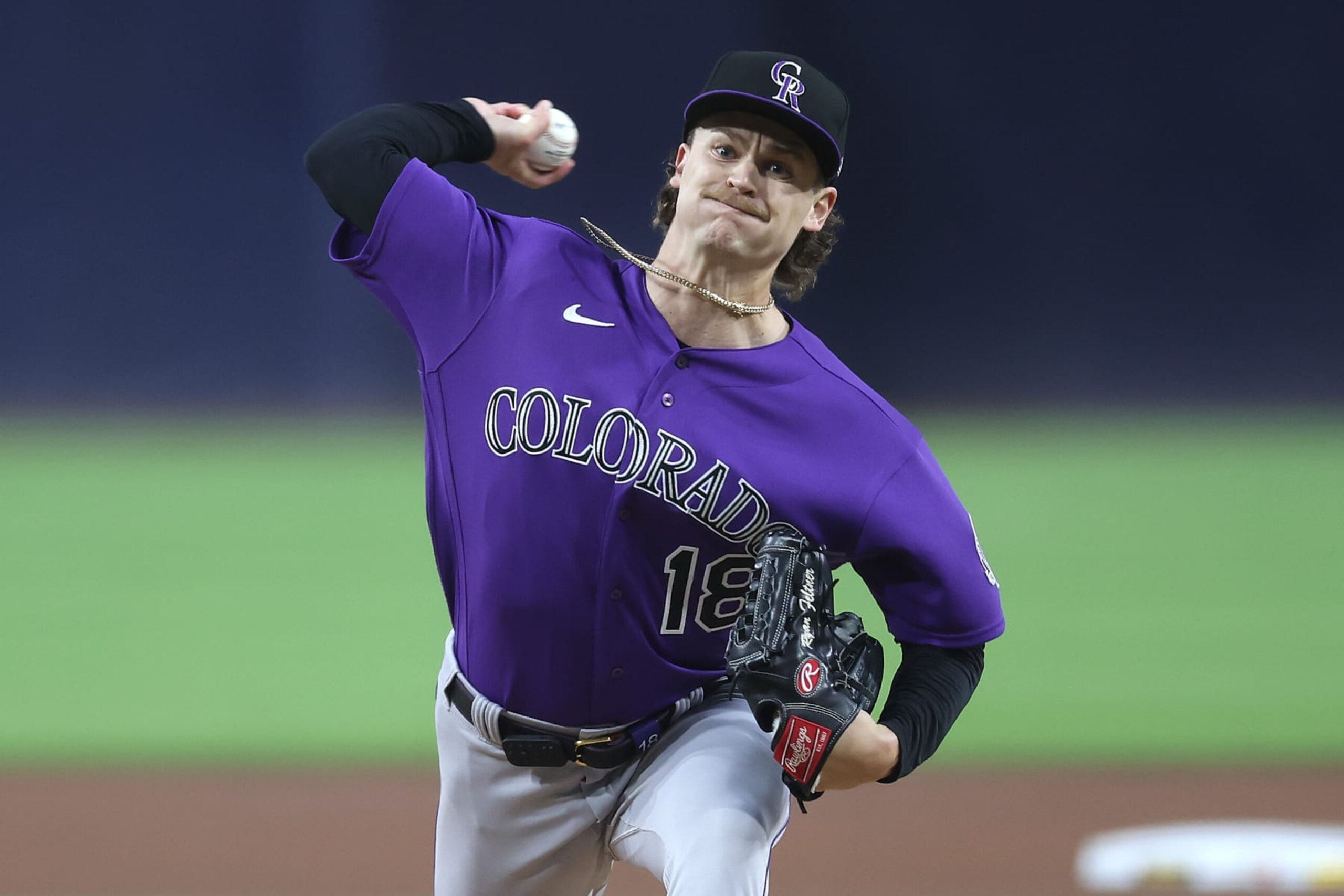 SAN DIEGO, CALIFORNIA - SEPTEMBER 19: Ryan Feltner #18 of the Colorado Rockies pitches during the first inning of a game against the San Diego Padres at PETCO Park on September 19, 2023 in San Diego, California. (Photo by Sean M. Haffey/Getty Images)
