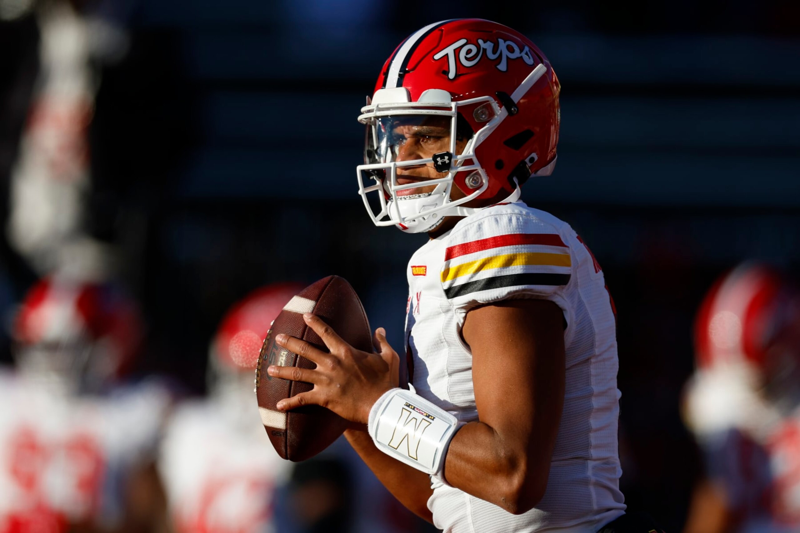 PISCATAWAY, NEW JERSEY - NOVEMBER 25: Quarterback Taulia Tagovailoa #3 of the Maryland Terrapins looks to pass during warm ups before a game against the Rutgers Scarlet Knights at SHI Stadium on November 25, 2023 in Piscataway, New Jersey. (Photo by Rich Schultz/Getty Images) PISCATAWAY, NEW JERSEY - NOVEMBER 25: Quarterback Taulia Tagovailoa #3 of the Maryland Terrapins looks to pass during warm ups before a game against the Rutgers Scarlet Knights at SHI Stadium on November 25, 2023 in Piscataway, New Jersey. (Photo by Rich Schultz/Getty Images)