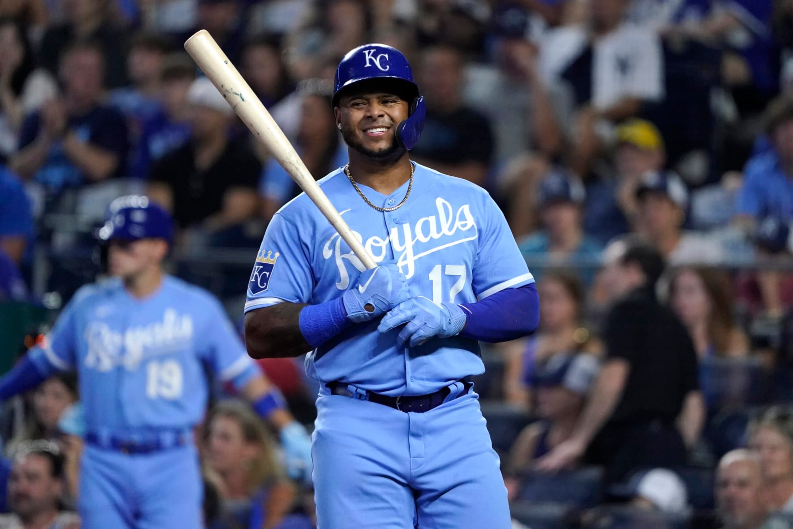KANSAS CITY, MISSOURI - SEPTEMBER 30: Nelson Velazquez #17 of the Kansas City Royals hits against the New York Yankees in the fifth inning at Kauffman Stadium on September 30, 2023 in Kansas City, Missouri. (Photo by Ed Zurga/Getty Images)