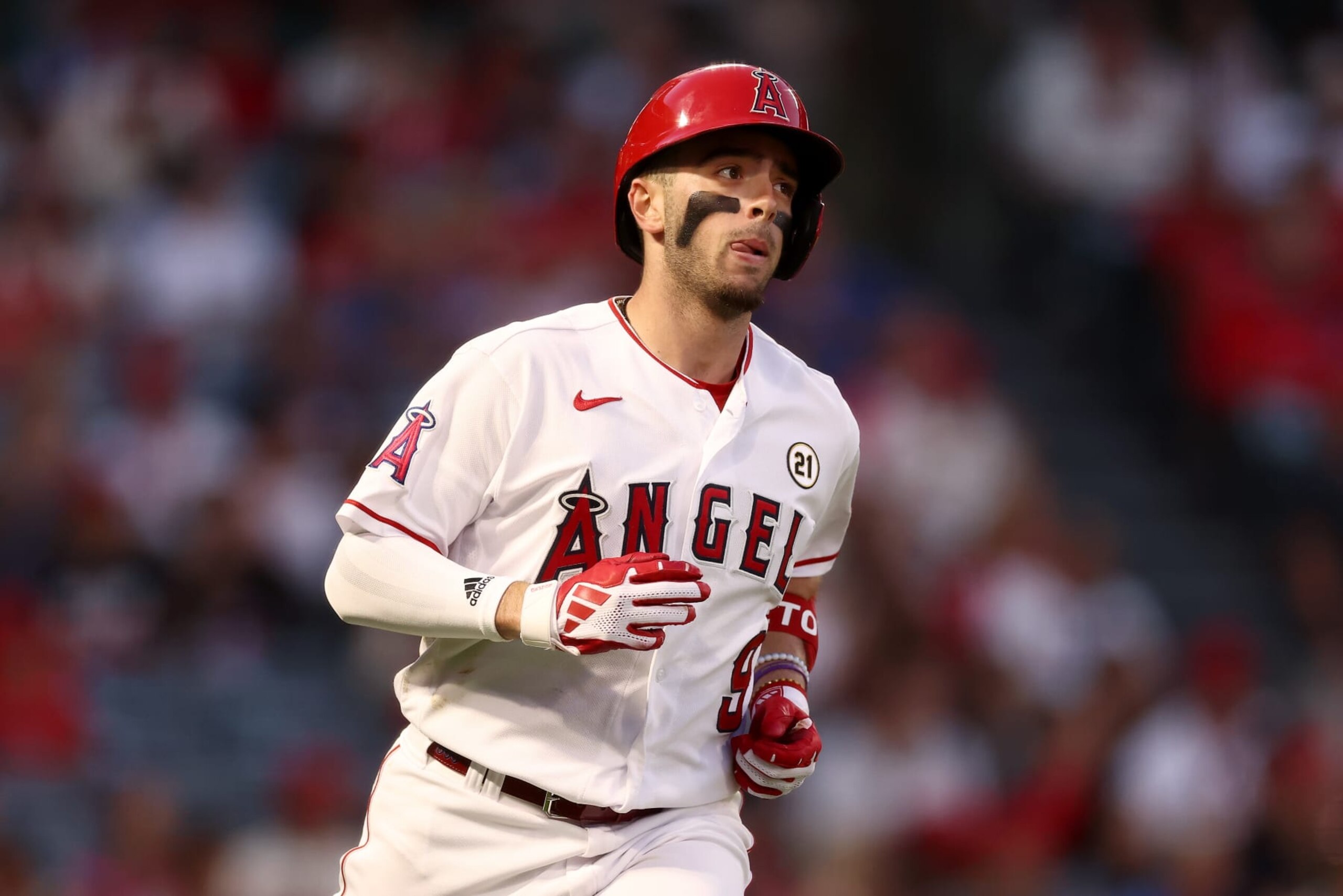ANAHEIM, CALIFORNIA - SEPTEMBER 15: Zach Neto #9 of the Los Angeles Angels looks on during the first inning against the Detroit Tigers at Angel Stadium of Anaheim on September 15, 2023 in Anaheim, California. (Photo by Katelyn Mulcahy/Getty Images)