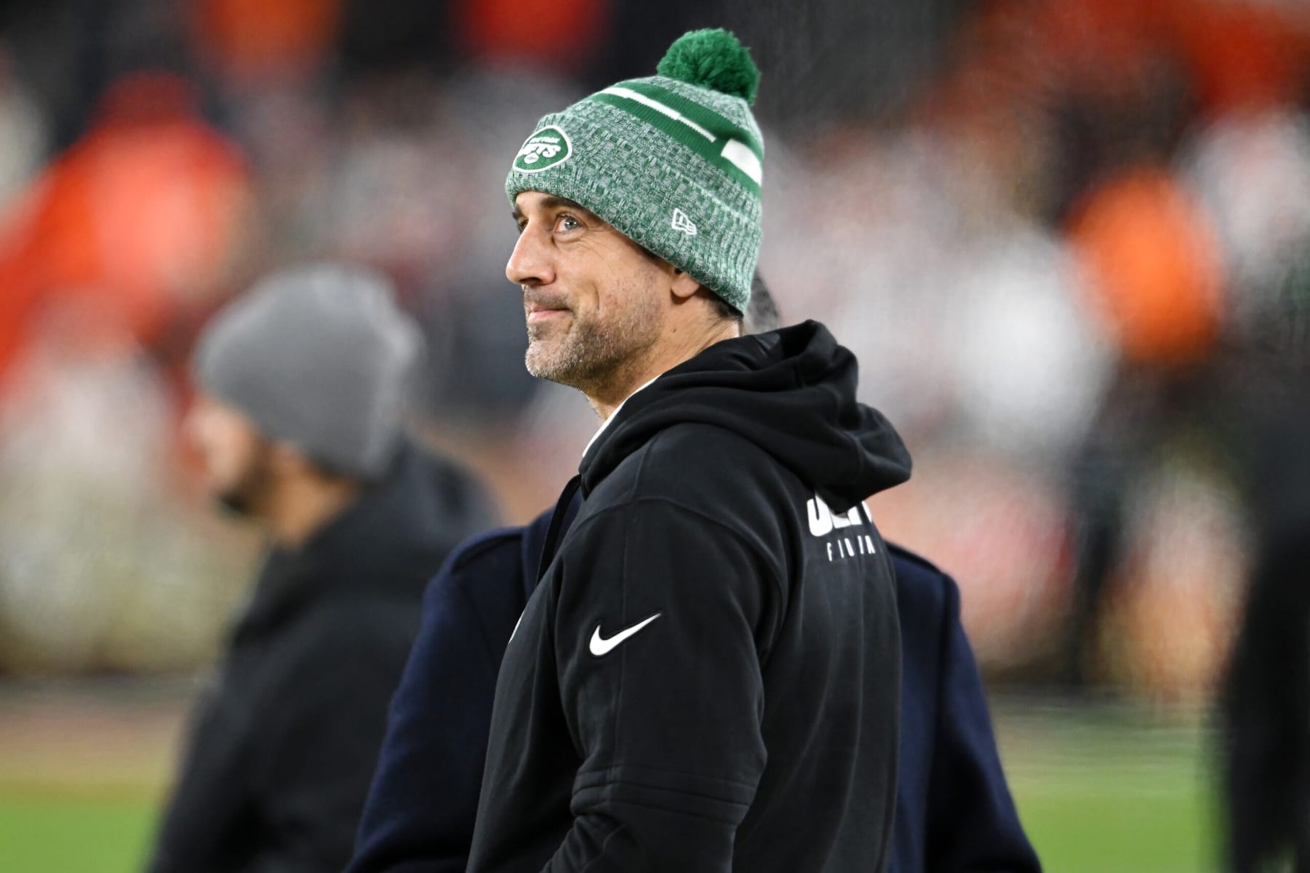 CLEVELAND, OHIO - DECEMBER 28: Aaron Rodgers #8 of the New York Jets looks on prior to playing the Cleveland Browns at Cleveland Browns Stadium on December 28, 2023 in Cleveland, Ohio. (Photo by Nick Cammett/Getty Images)