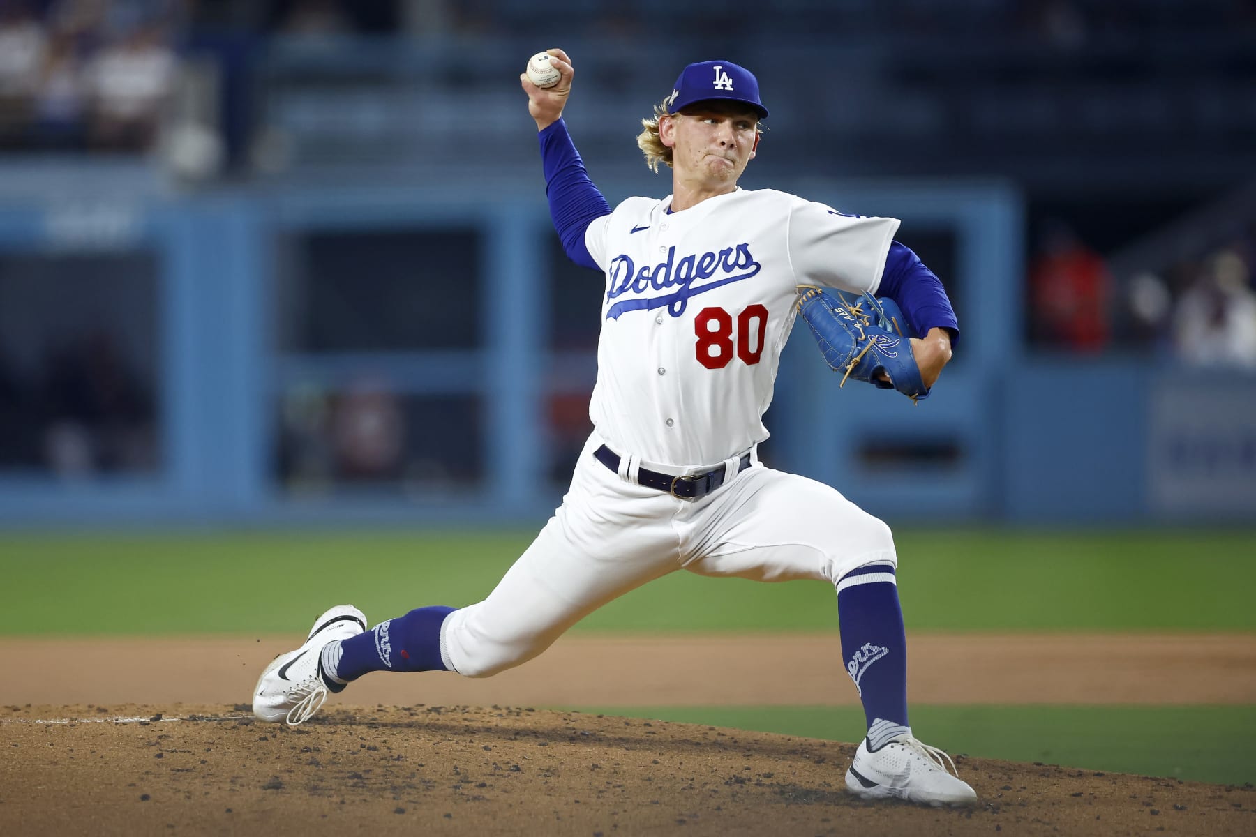 LOS ANGELES, CALIFORNIA - OCTOBER 07: Emmet Sheehan #80 of the Los Angeles Dodgers pitches in the first inning against the Arizona Diamondbacks during Game One of the Division Series at Dodger Stadium on October 07, 2023 in Los Angeles, California. (Photo by Ronald Martinez/Getty Images)