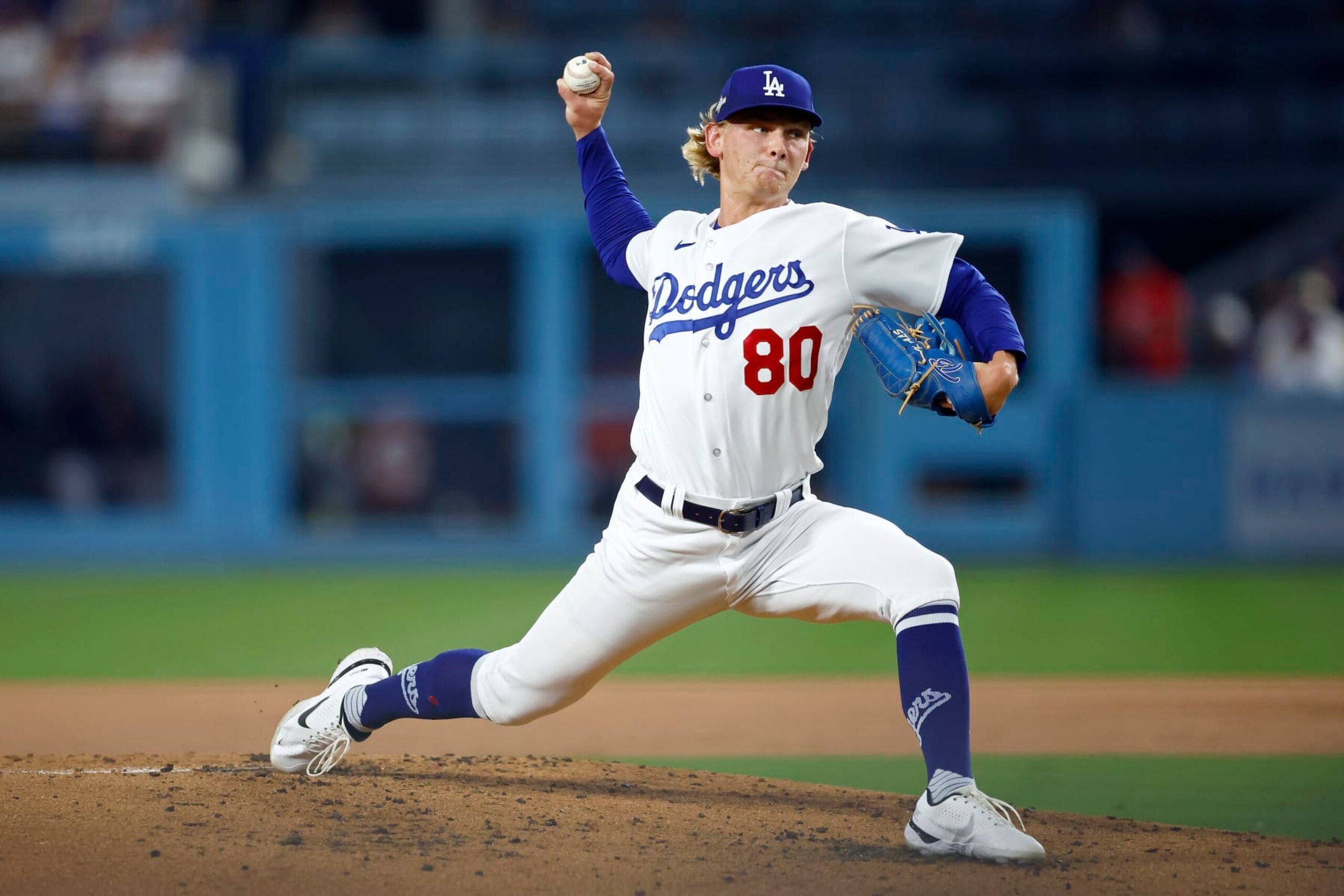 LOS ANGELES, CALIFORNIA - OCTOBER 07: Emmet Sheehan #80 of the Los Angeles Dodgers pitches in the first inning against the Arizona Diamondbacks during Game One of the Division Series at Dodger Stadium on October 07, 2023 in Los Angeles, California. (Photo by Ronald Martinez/Getty Images)