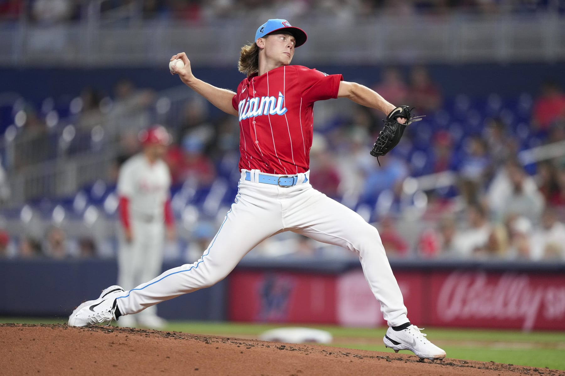 MIAMI, FLORIDA - JULY 16: Max Meyer #23 of the Miami Marlins throws a pitch during the second inning against the Philadelphia Phillies at loanDepot park on July 16, 2022 in Miami, Florida. (Photo by Eric Espada/Getty Images)