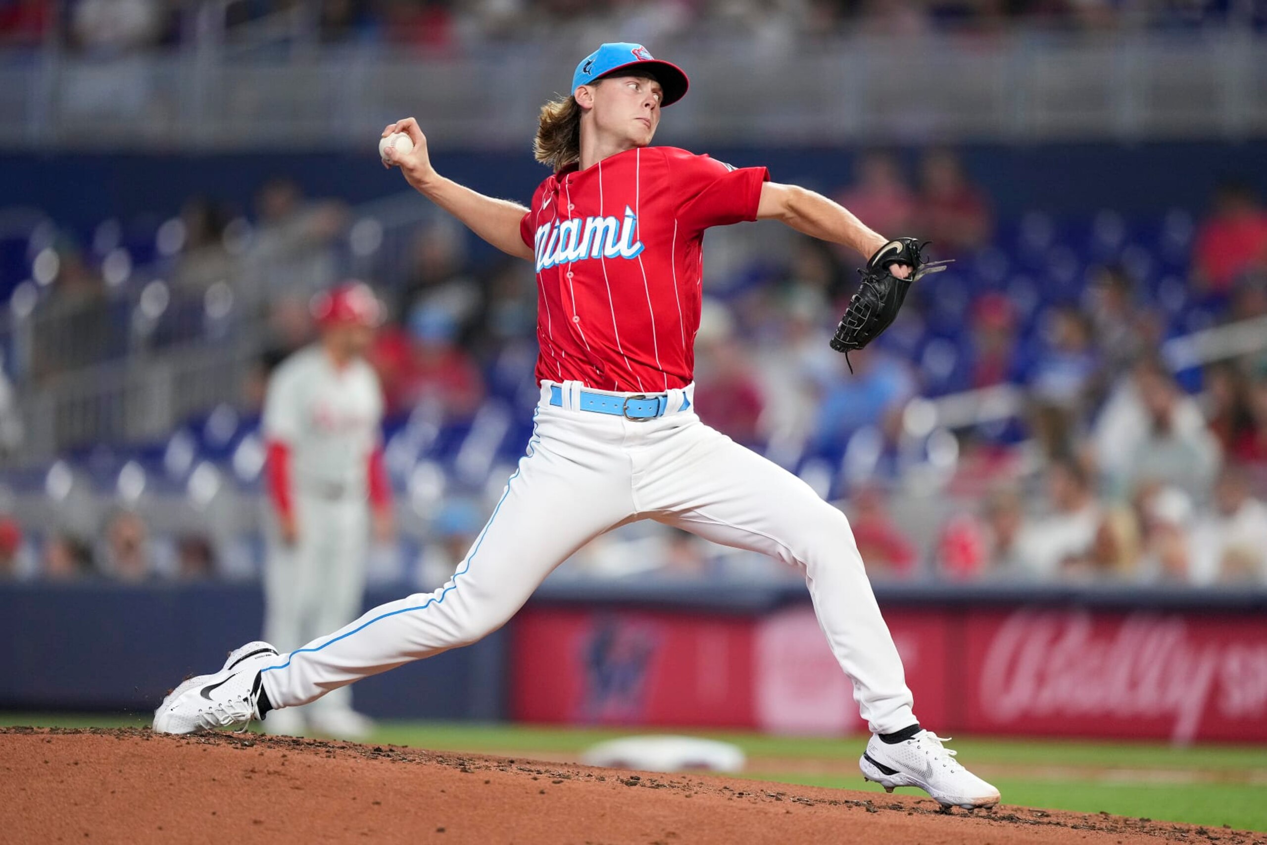 MIAMI, FLORIDA - JULY 16: Max Meyer #23 of the Miami Marlins throws a pitch during the second inning against the Philadelphia Phillies at loanDepot park on July 16, 2022 in Miami, Florida. (Photo by Eric Espada/Getty Images)