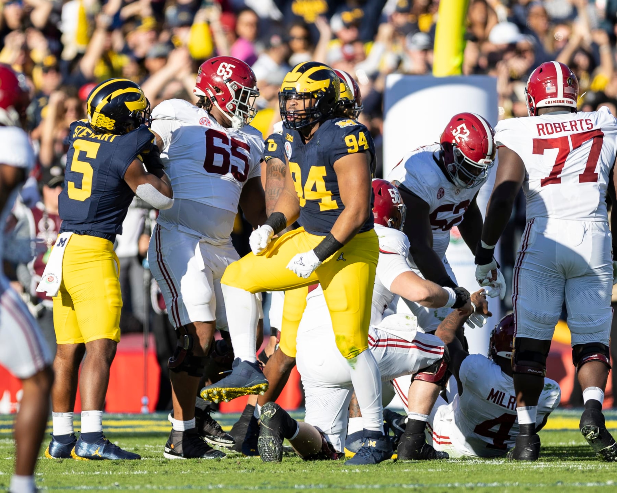 PASADENA, CA - JANUARY 01: Kris Jenkins #94 of the Michigan Wolverines celebrates a stop during the Rose Bowl during a game between University of Alabama and University of Michigan at the Rose Bowl on January 1, 2024 in Pasadena, California. (Photo by Steve Limentani/ISI Photos/Getty Images) PASADENA, CA - JANUARY 01: Kris Jenkins #94 of the Michigan Wolverines celebrates a stop during the Rose Bowl during a game between University of Alabama and University of Michigan at the Rose Bowl on January 1, 2024 in Pasadena, California. (Photo by Steve Limentani/ISI Photos/Getty Images)