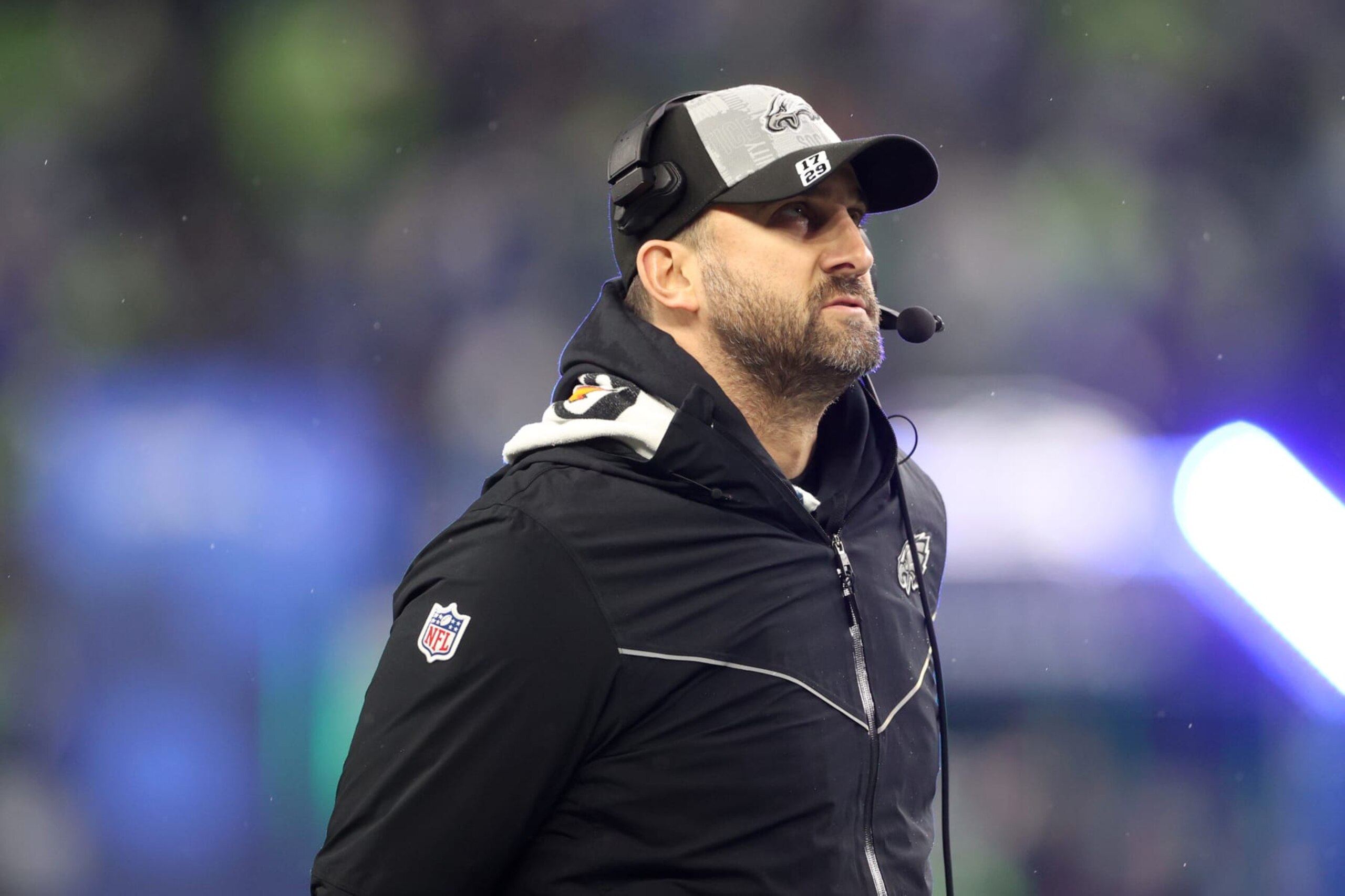 SEATTLE, WASHINGTON - DECEMBER 18: Philadelphia Eagles head coach Nick Sirianni looks on before a game against the Seattle Seahawks at Lumen Field on December 18, 2023 in Seattle, Washington. (Photo by Steph Chambers/Getty Images)