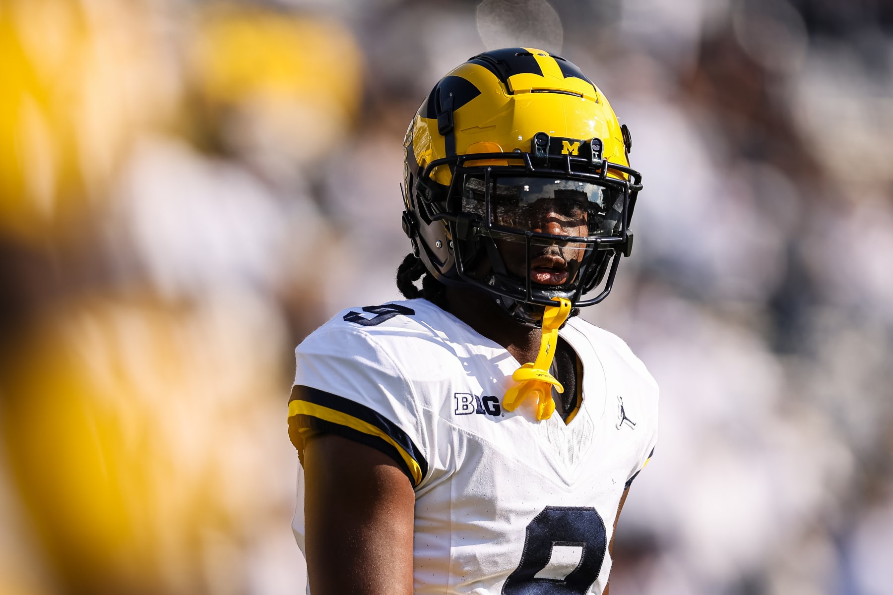 STATE COLLEGE, PA - NOVEMBER 11: Rod Moore #9 of the Michigan Wolverines looks on before the game against the Penn State Nittany Lions at Beaver Stadium on November 11, 2023 in State College, Pennsylvania. (Photo by Scott Taetsch/Getty Images)
