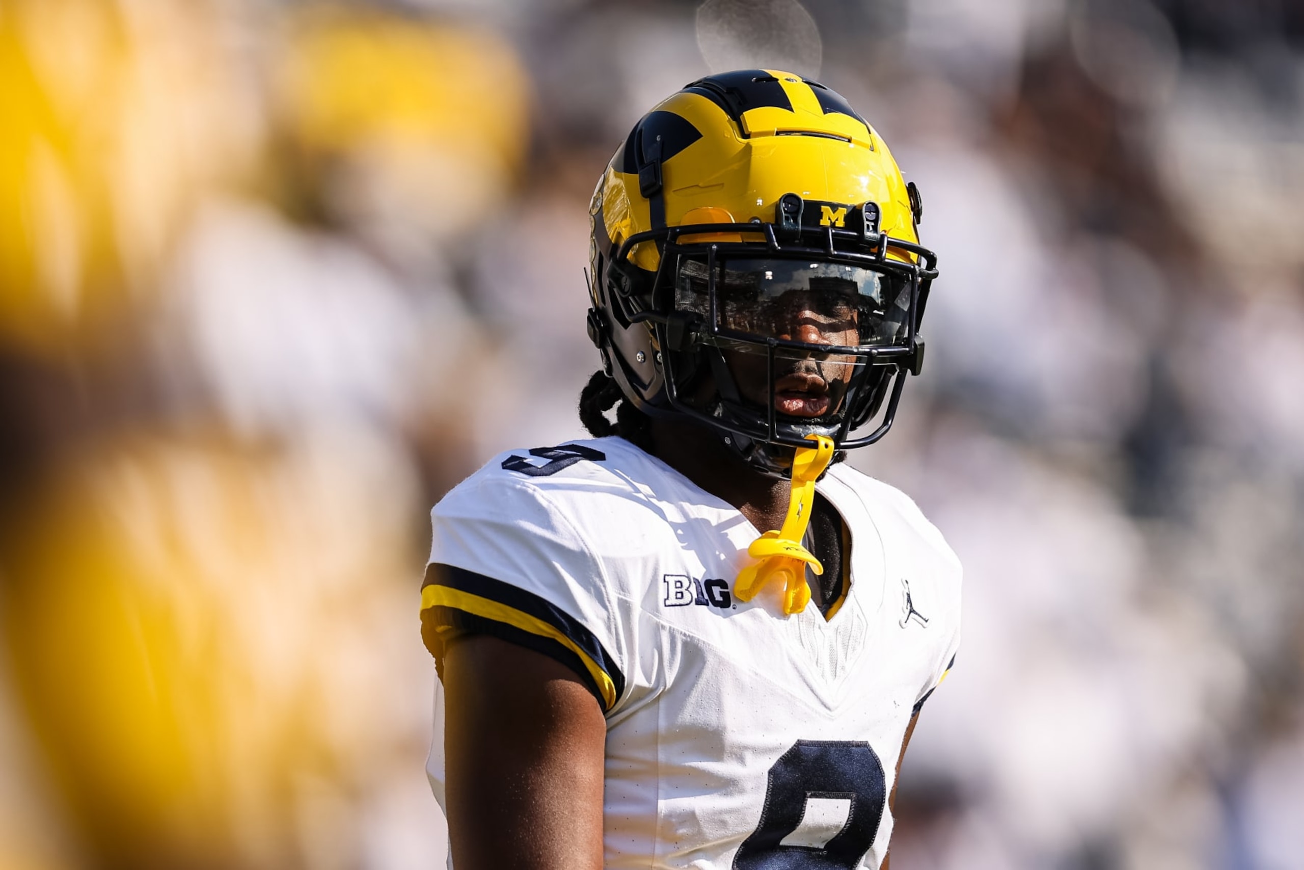 STATE COLLEGE, PA - NOVEMBER 11: Rod Moore #9 of the Michigan Wolverines looks on before the game against the Penn State Nittany Lions at Beaver Stadium on November 11, 2023 in State College, Pennsylvania. (Photo by Scott Taetsch/Getty Images) STATE COLLEGE, PA - NOVEMBER 11: Rod Moore #9 of the Michigan Wolverines looks on before the game against the Penn State Nittany Lions at Beaver Stadium on November 11, 2023 in State College, Pennsylvania. (Photo by Scott Taetsch/Getty Images)