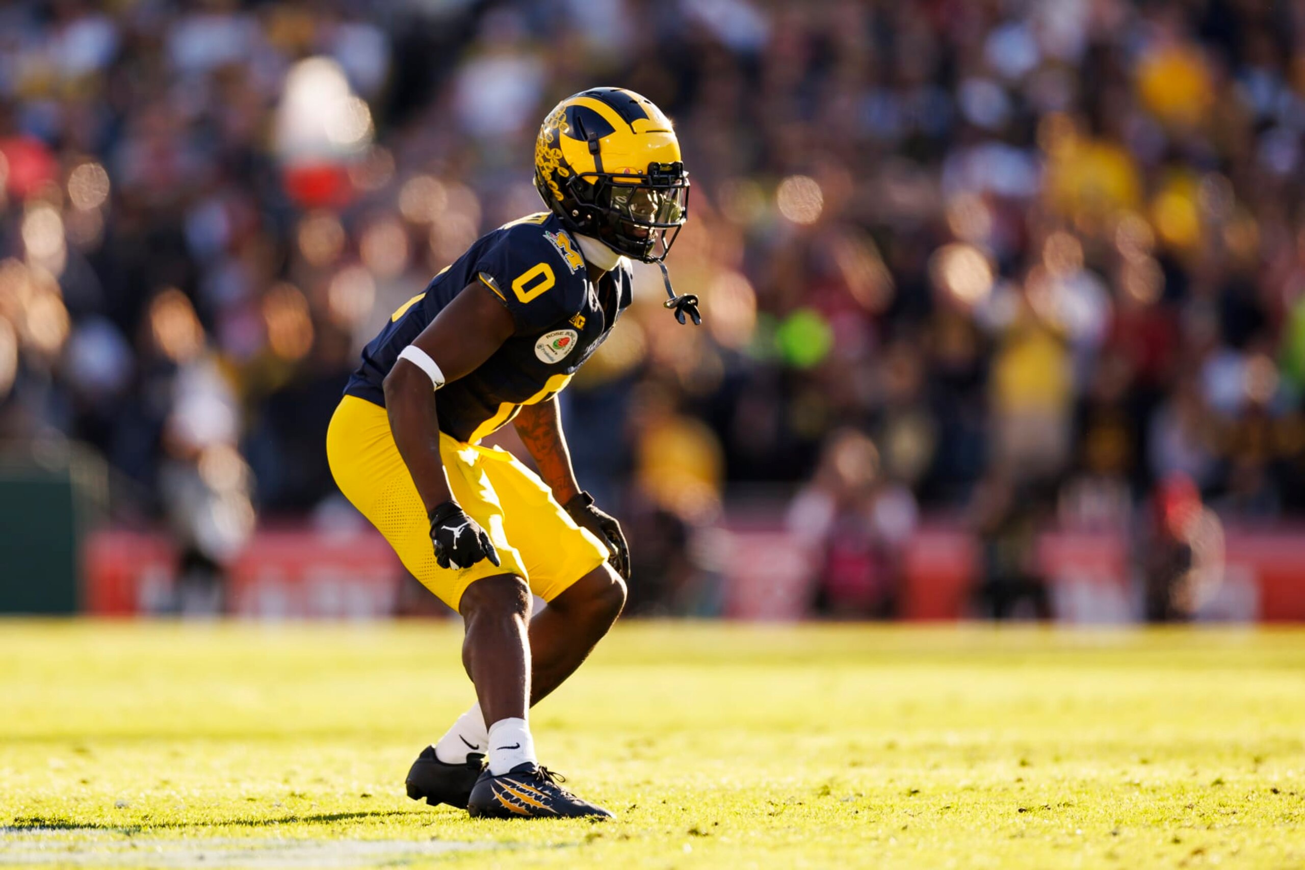 PASADENA, CALIFORNIA - JANUARY 01: Defensive back Mike Sainristil #0 of the Michigan Wolverines defends in coverage during the CFP Semifinal Rose Bowl Game against the Alabama Crimson Tide at Rose Bowl Stadium on January 1, 2024 in Pasadena, California. (Photo by Ryan Kang/Getty Images) PASADENA, CALIFORNIA - JANUARY 01: Defensive back Mike Sainristil #0 of the Michigan Wolverines defends in coverage during the CFP Semifinal Rose Bowl Game against the Alabama Crimson Tide at Rose Bowl Stadium on January 1, 2024 in Pasadena, California. (Photo by Ryan Kang/Getty Images)