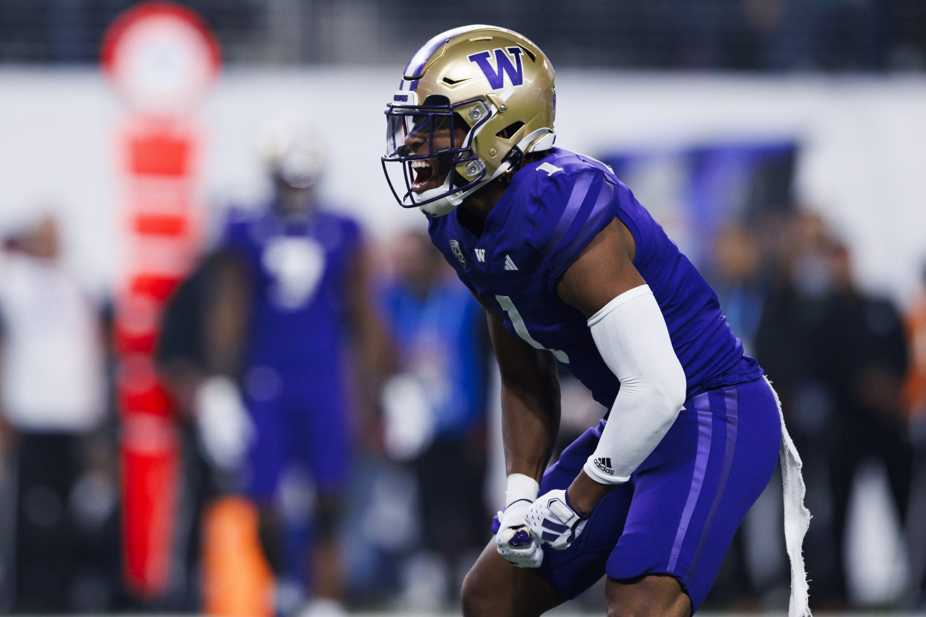 LAS VEGAS, NEVADA - DECEMBER 1: Jabbar Muhammad #1 of the Washington Huskies celebrates against the Oregon Ducks during the Pac-12 Championship at Allegiant Stadium on December 1, 2023 in Las Vegas, Nevada. (Photo by Ric Tapia/Getty Images)