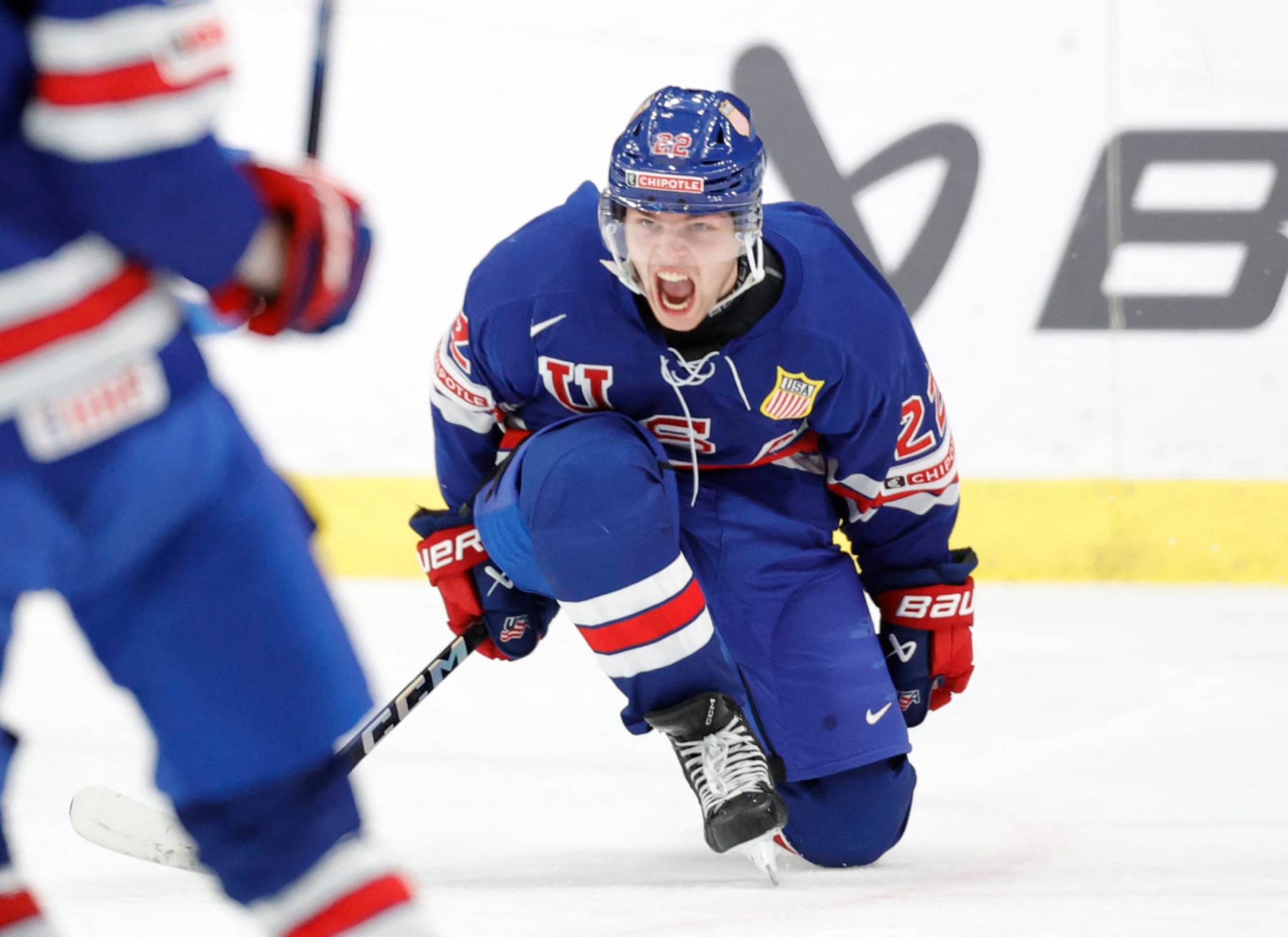 USA's forward Isaac Howard celebrates scoring during the final ice hockey match between USA and Sweden of the IIHF World Junior Championship in Gothenburg, Sweden on January 5, 2024. (Photo by Adam Ihse/TT / various sources / AFP) / Sweden OUT (Photo by ADAM IHSE/TT/TT News Agency/TT NYHETSBYRÅN/AFP via Getty Images) USA's forward Isaac Howard celebrates scoring during the final ice hockey match between USA and Sweden of the IIHF World Junior Championship in Gothenburg, Sweden on January 5, 2024. (Photo by Adam Ihse/TT / various sources / AFP) / Sweden OUT (Photo by ADAM IHSE/TT/TT News Agency/TT NYHETSBYRÅN/AFP via Getty Images)