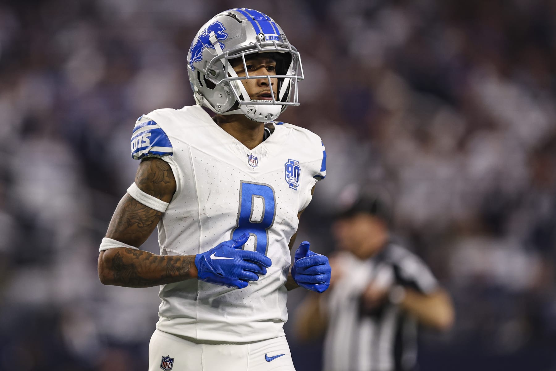 ARLINGTON, TX - DECEMBER 30: Josh Reynolds #8 of the Detroit Lions looks on from the field during an NFL football game against the Dallas Cowboys at AT&T Stadium on December 30, 2023 in Arlington, Texas. (Photo by Perry Knotts/Getty Images)