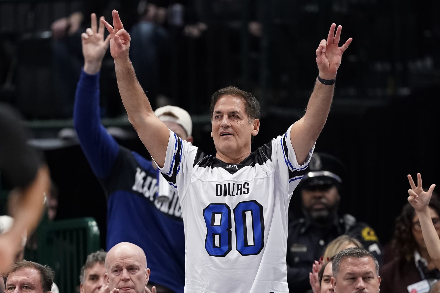 DALLAS, TEXAS - DECEMBER 06: Dallas Mavericks owner Mark Cuban reacts after a basket during the second half against the Utah Jazz at American Airlines Center on December 06, 2023 in Dallas, Texas. NOTE TO USER: User expressly acknowledges and agrees that, by downloading and/or using this Photograph, user is consenting to the terms and conditions of the Getty Images License Agreement. (Photo by Sam Hodde/Getty Images)