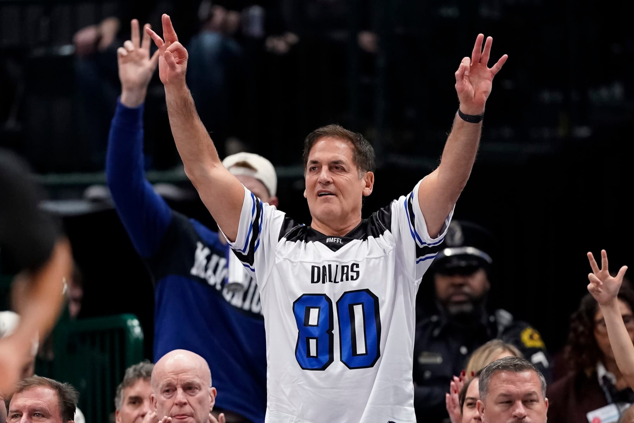 DALLAS, TEXAS - DECEMBER 06: Dallas Mavericks owner Mark Cuban reacts after a basket during the second half against the Utah Jazz at American Airlines Center on December 06, 2023 in Dallas, Texas. NOTE TO USER: User expressly acknowledges and agrees that, by downloading and/or using this Photograph, user is consenting to the terms and conditions of the Getty Images License Agreement. (Photo by Sam Hodde/Getty Images)