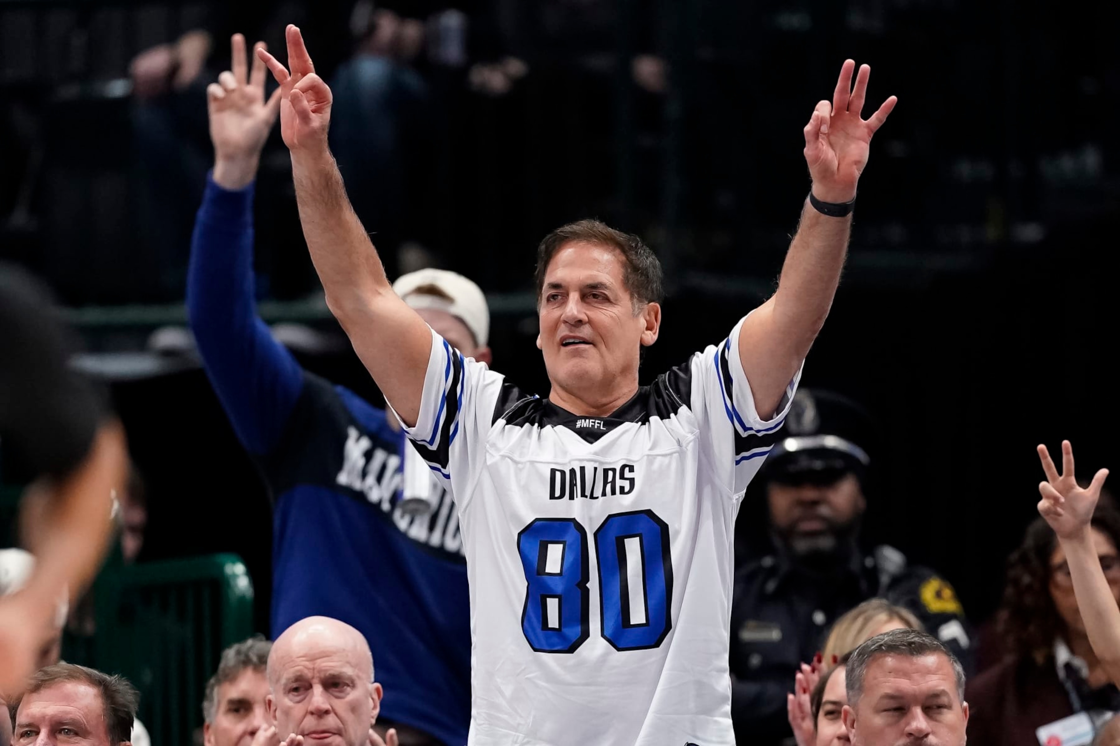 DALLAS, TEXAS - DECEMBER 06: Dallas Mavericks owner Mark Cuban reacts after a basket during the second half against the Utah Jazz at American Airlines Center on December 06, 2023 in Dallas, Texas. NOTE TO USER: User expressly acknowledges and agrees that, by downloading and/or using this Photograph, user is consenting to the terms and conditions of the Getty Images License Agreement. (Photo by Sam Hodde/Getty Images) DALLAS, TEXAS - DECEMBER 06: Dallas Mavericks owner Mark Cuban reacts after a basket during the second half against the Utah Jazz at American Airlines Center on December 06, 2023 in Dallas, Texas. NOTE TO USER: User expressly acknowledges and agrees that, by downloading and/or using this Photograph, user is consenting to the terms and conditions of the Getty Images License Agreement. (Photo by Sam Hodde/Getty Images)