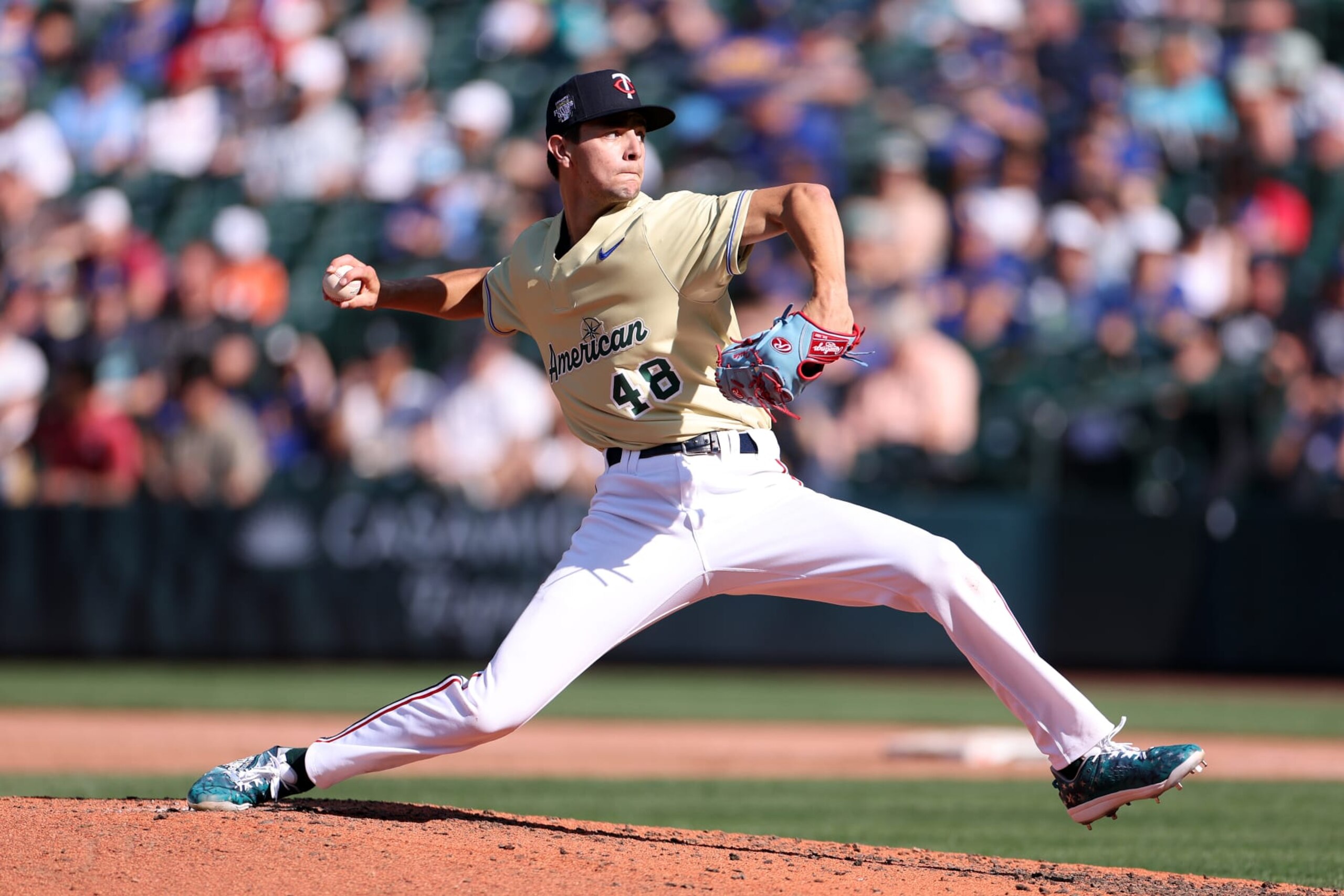 SEATTLE, WASHINGTON - JULY 08: David Festa #48 of the Minnesota Twins pitches during the SiriusXM All-Star Futures Game at T-Mobile Park on July 08, 2023 in Seattle, Washington. (Photo by Steph Chambers/Getty Images)
