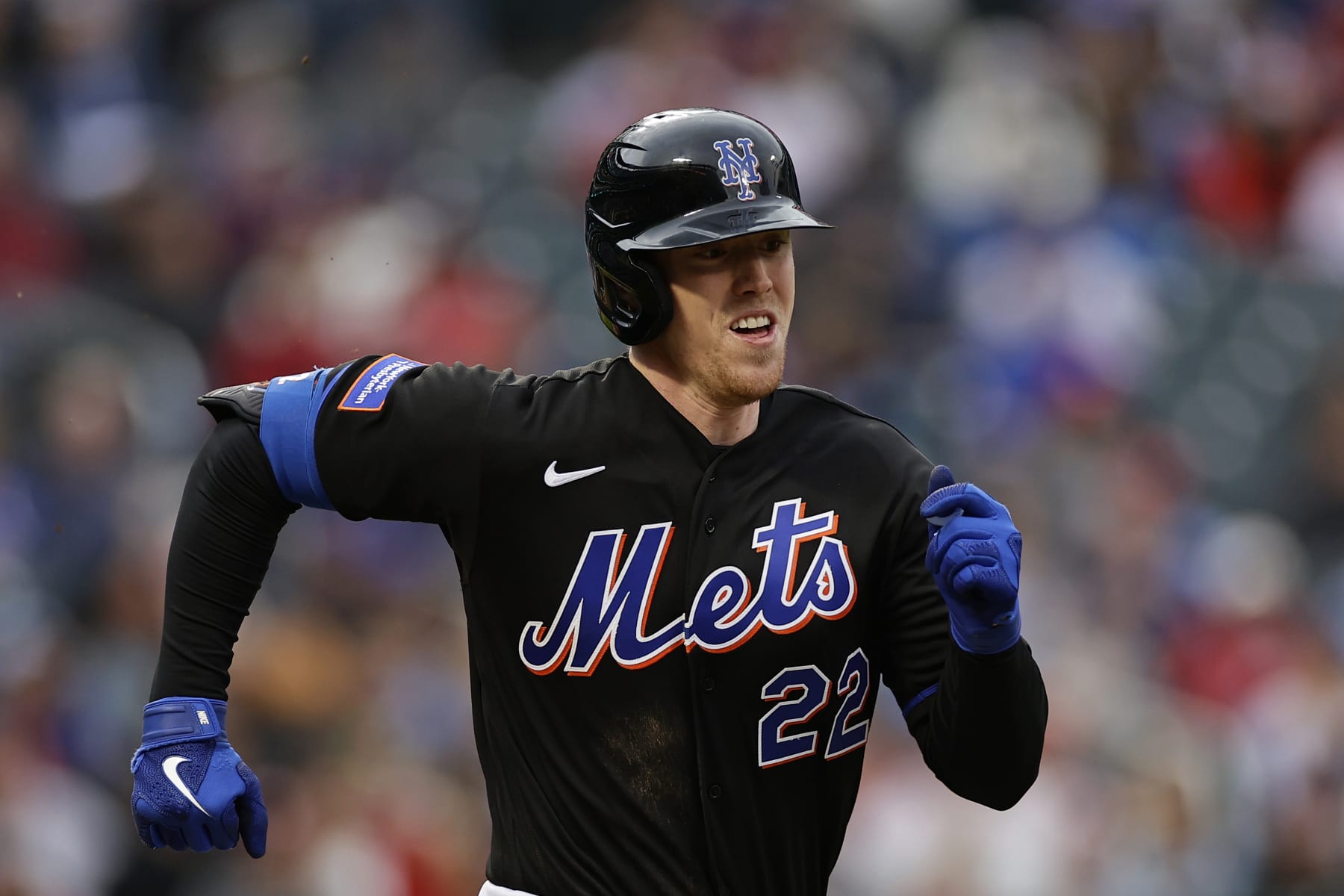 NEW YORK, NY - SEPTEMBER 30: Brett Baty #22 of the New York Mets in action against the Philadelphia Phillies during the sixth inning of the first game of a doubleheader at Citi Field on September 30, 2023 in New York City. (Photo by Adam Hunger/Getty Images)