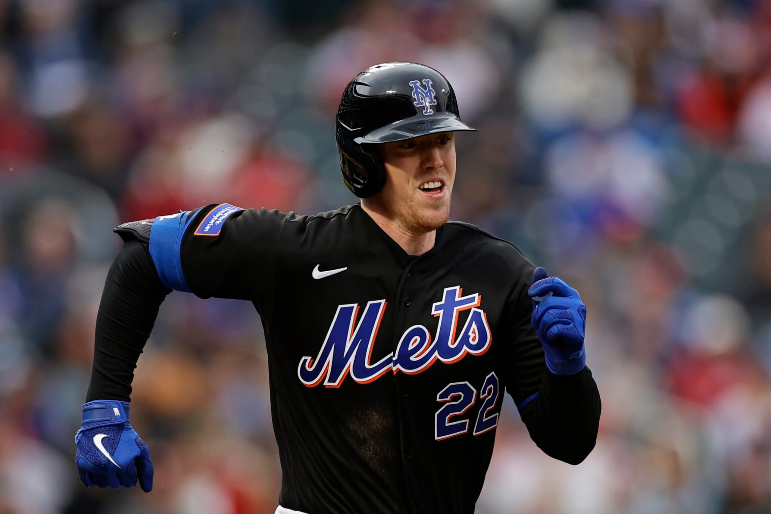 NEW YORK, NY - SEPTEMBER 30: Brett Baty #22 of the New York Mets in action against the Philadelphia Phillies during the sixth inning of the first game of a doubleheader at Citi Field on September 30, 2023 in New York City. (Photo by Adam Hunger/Getty Images)