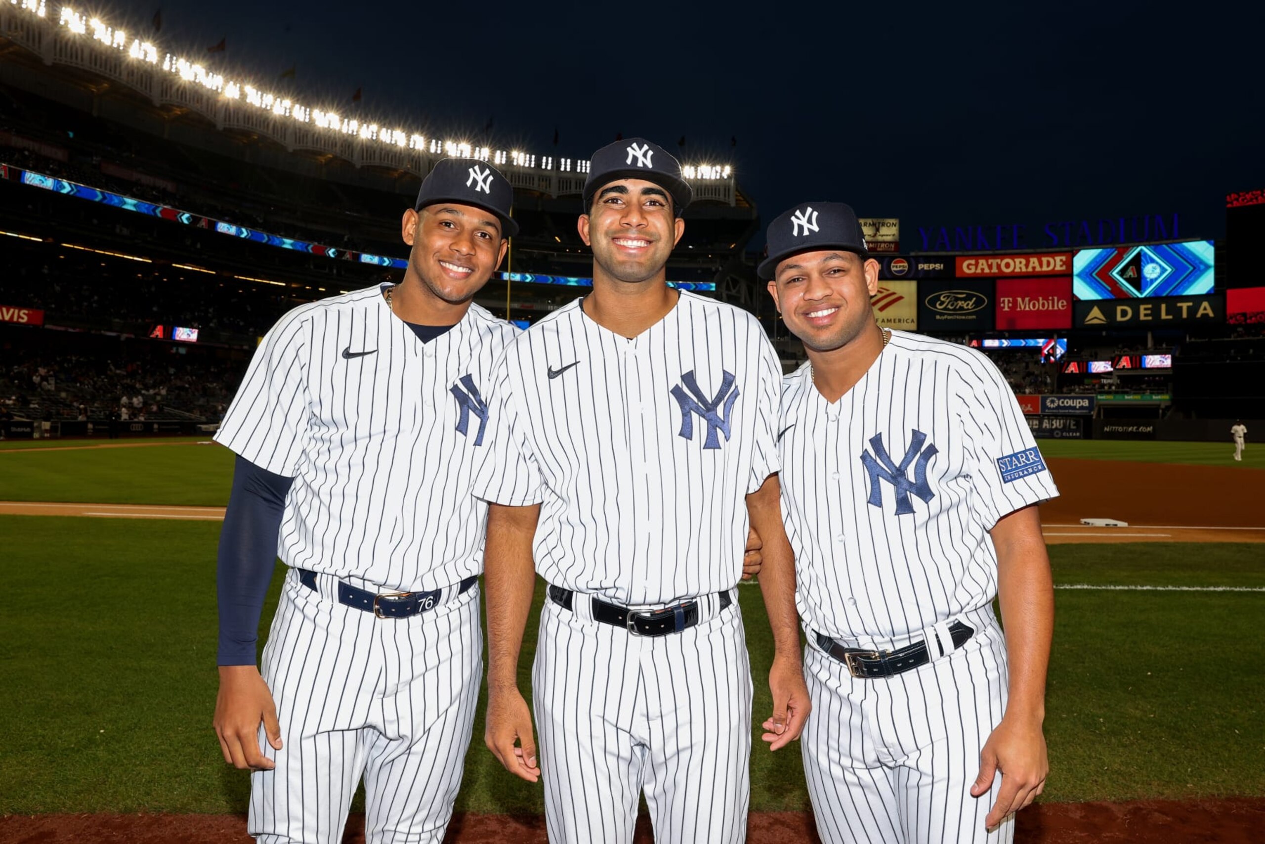 NEW YORK, NY - SEPTEMBER 22: Oswald Peraza #91, Yoendrys Gómez #89 and Randy Vásquez #98 of the New York Yankees pose for a photo before the game against the Arizona Diamondbacks at Yankee Stadium on September 22, 2023, in New York, New York. (Photo by New York Yankees/Getty Images)