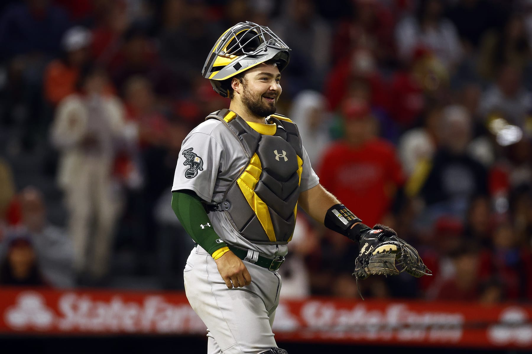 ANAHEIM, CALIFORNIA - SEPTEMBER 30:  Shea Langeliers #23 of the Oakland Athletics celebrates a 7-3 win against the Los Angeles Angels at Angel Stadium of Anaheim on September 30, 2023 in Anaheim, California. (Photo by Ronald Martinez/Getty Images)