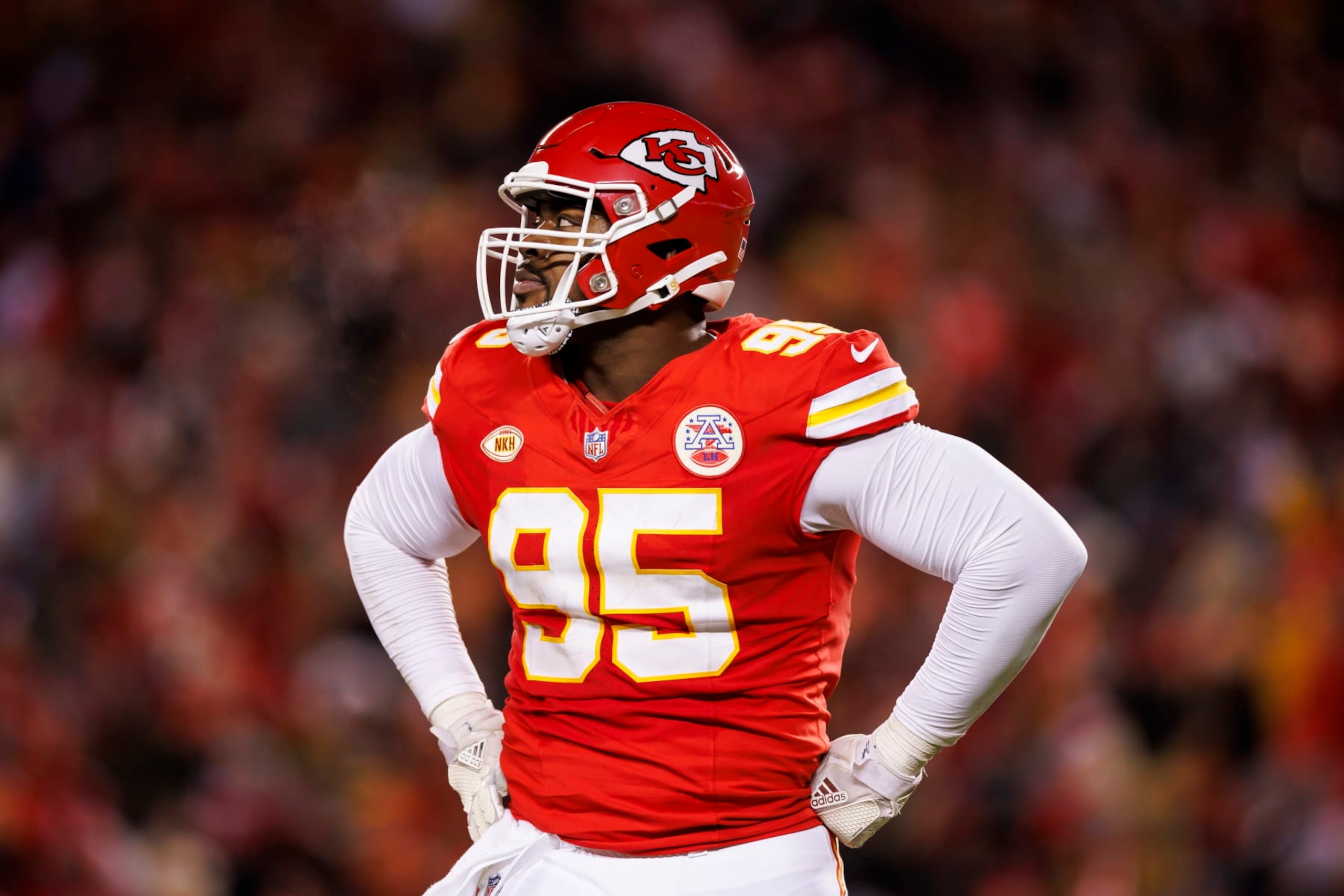 KANSAS CITY, MISSOURI - DECEMBER 31: Chris Jones #95 of the Kansas City Chiefs looks on with his hands on hips during an NFL football game against the Cincinnati Bengals at GEHA Field at Arrowhead Stadium on December 31, 2023 in Kansas City, Missouri. (Photo by Ryan Kang/Getty Images)