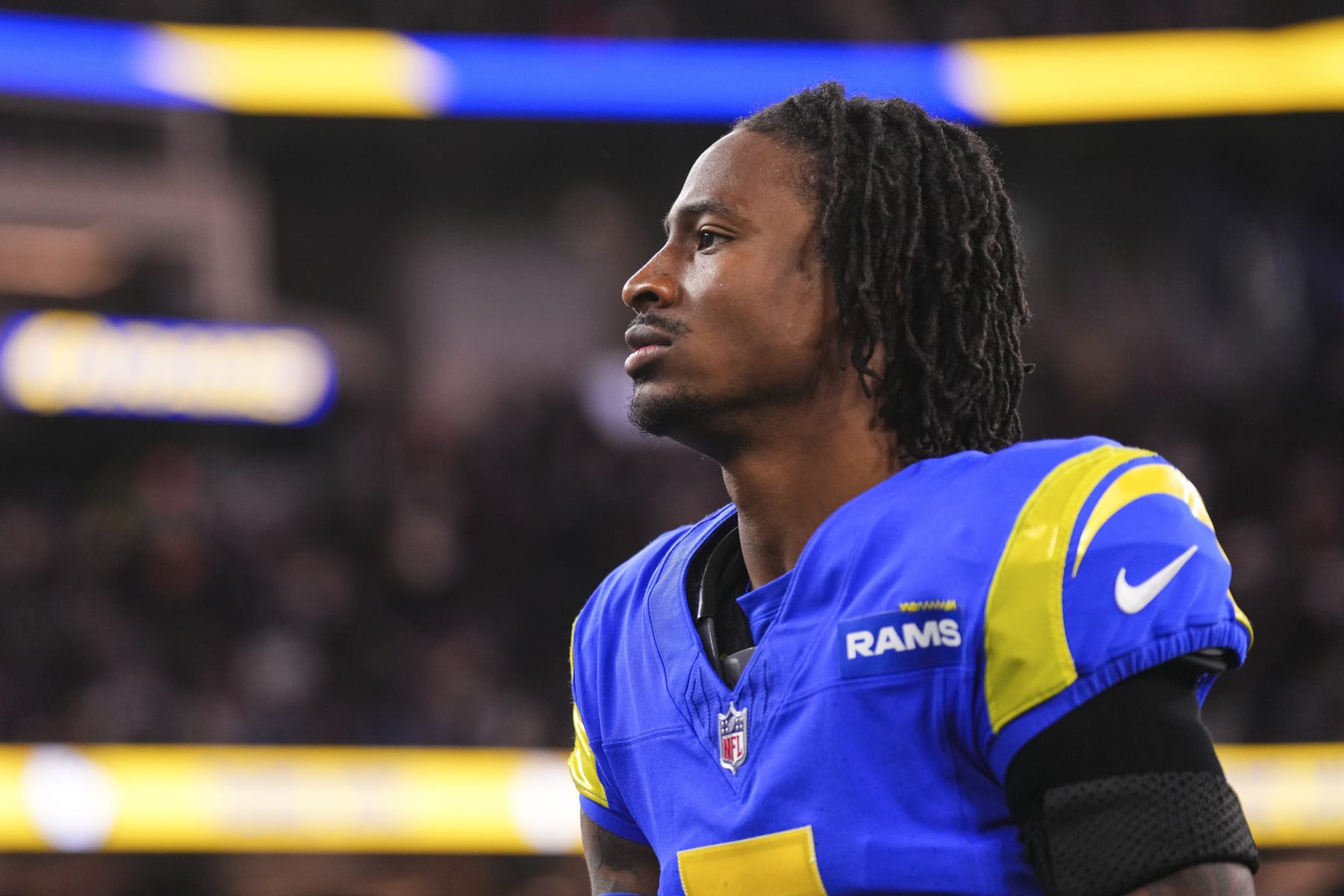 INGLEWOOD, CA - DECEMBER 21: Tutu Atwell #5 of the Los Angeles Rams walks off of the field after an NFL football game against the New Orleans Saints at SoFi Stadium on December 21, 2023 in Inglewood, California. (Photo by Cooper Neill/Getty Images)