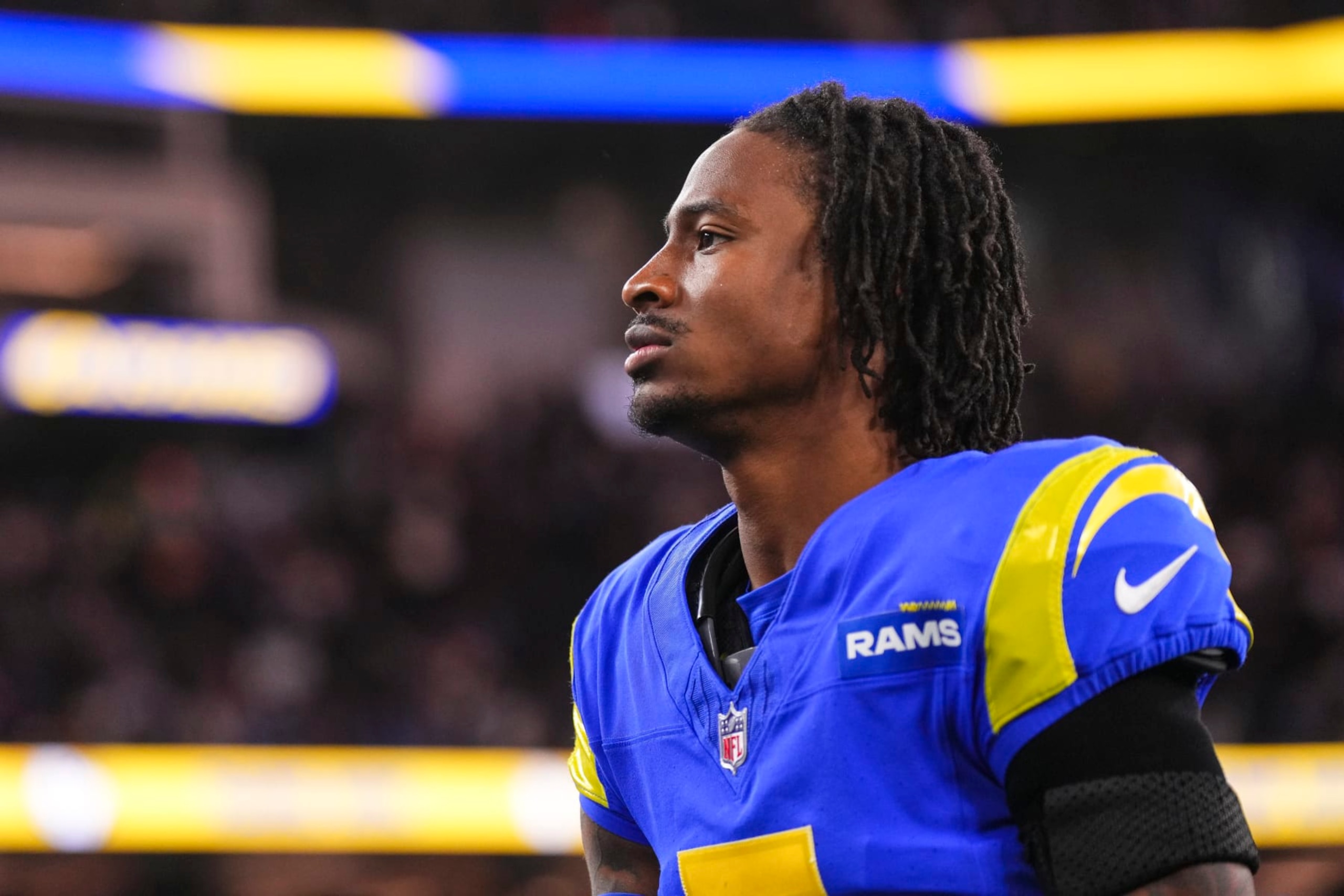 INGLEWOOD, CA - DECEMBER 21: Tutu Atwell #5 of the Los Angeles Rams walks off of the field after an NFL football game against the New Orleans Saints at SoFi Stadium on December 21, 2023 in Inglewood, California. (Photo by Cooper Neill/Getty Images)