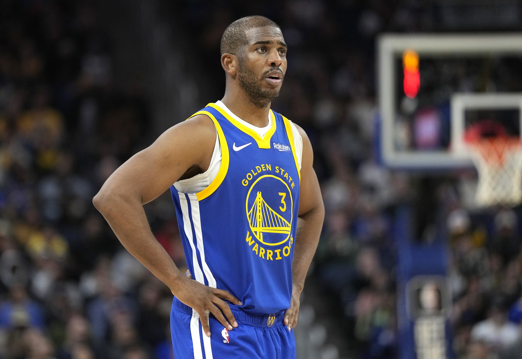 SAN FRANCISCO, CALIFORNIA - JANUARY 04: Chris Paul #3 of the Golden State Warriors looks on against the Denver Nuggets during the third quarter of an NBA basketball game at Chase Center on January 04, 2024 in San Francisco, California. NOTE TO USER: User expressly acknowledges and agrees that, by downloading and or using this photograph, User is consenting to the terms and conditions of the Getty Images License Agreement. (Photo by Thearon W. Henderson/Getty Images)