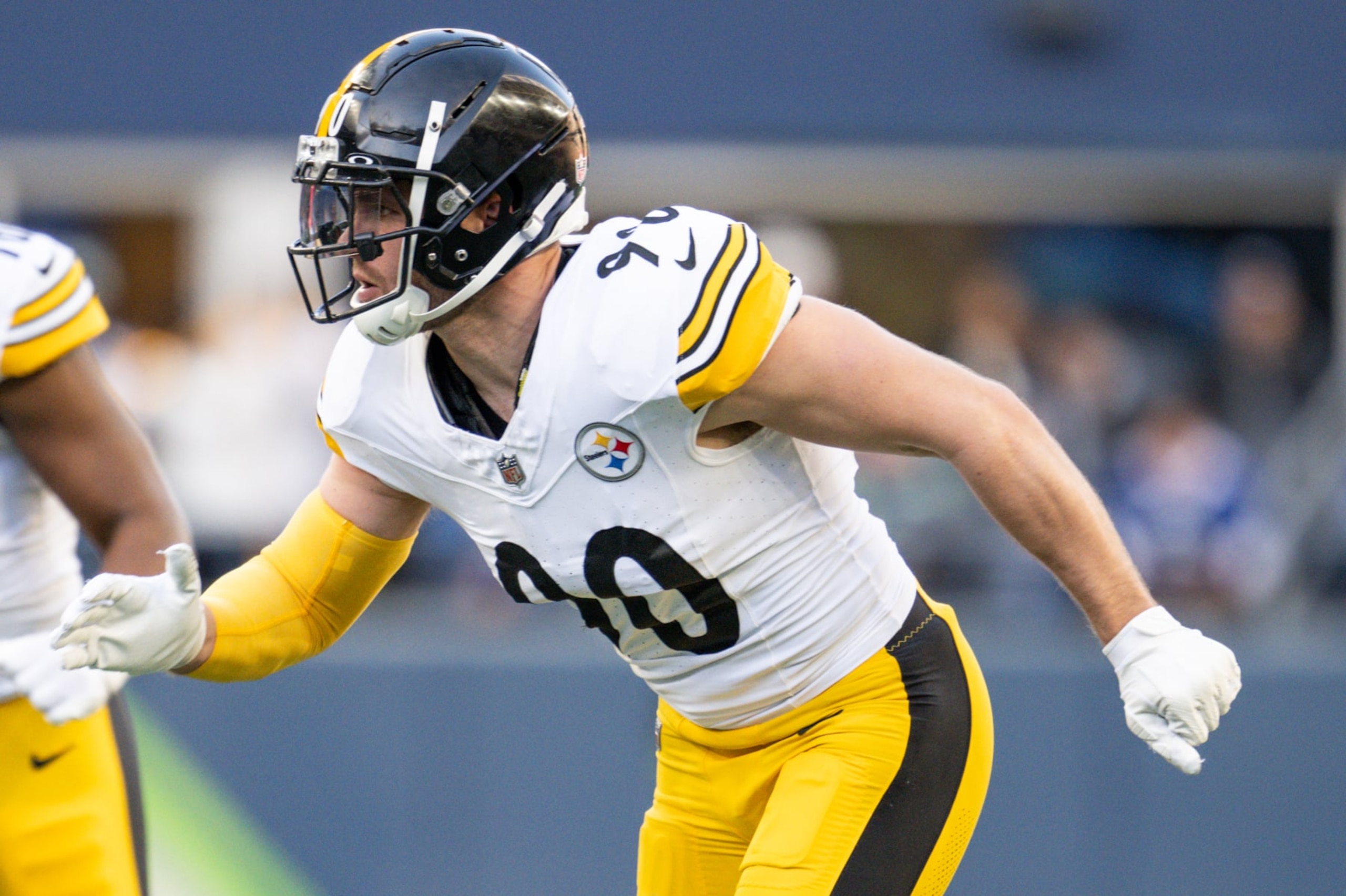 SEATTLE, WASHINGTON - DECEMBER 31: T.J. Watt #90 of the Pittsburgh Steelers rushes the quarterback at Lumen Field on December 31, 2023 in Seattle, Washington. (Photo by Conor Courtney/Getty Images)