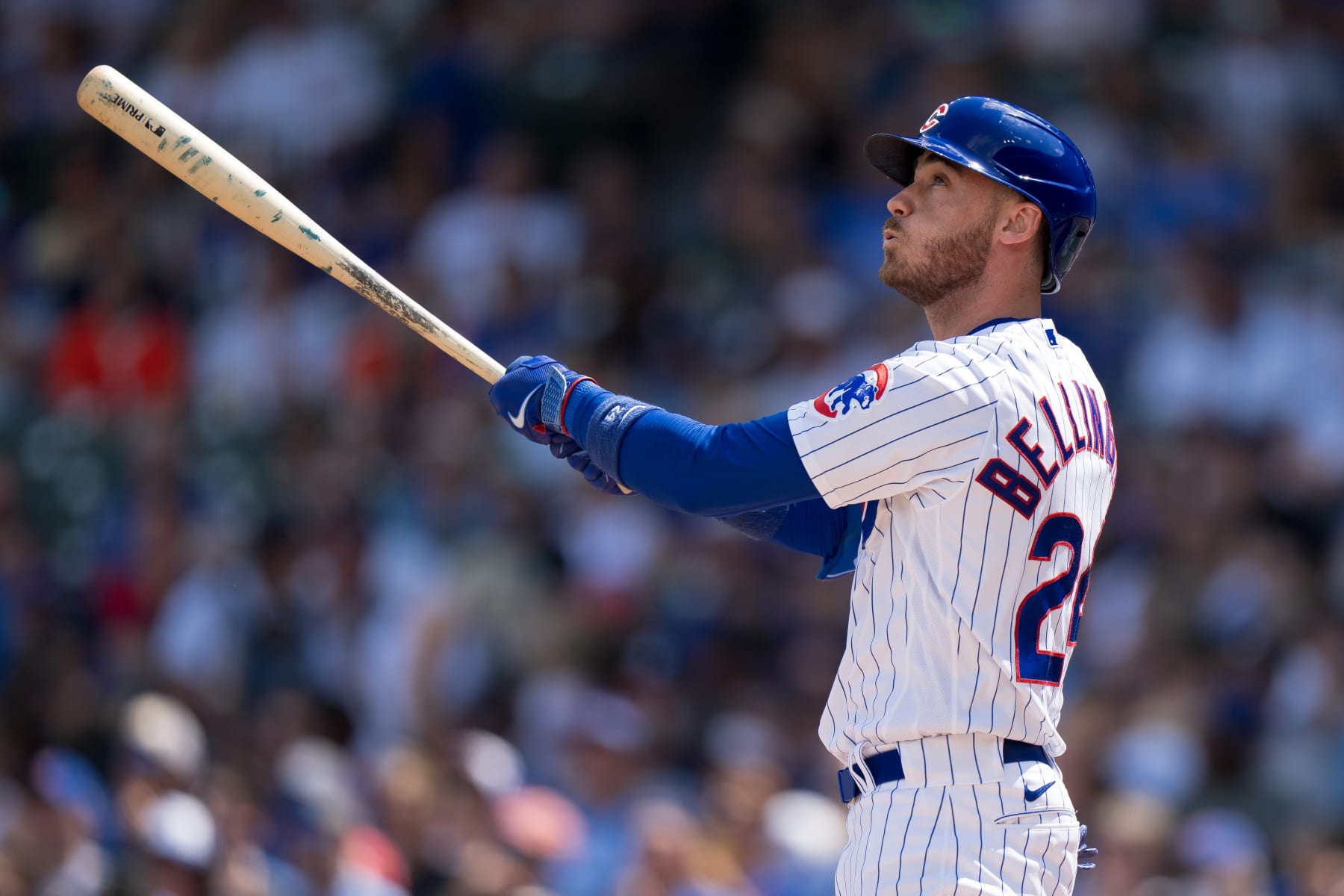 CHICAGO, IL - AUGUST 19: Cody Bellinger #24 of the Chicago Cubs watches the flight of a home run in a game against the Kansas City Royals at Wrigley Field on August 19, 2023 in Chicago, Illinois. (Photo by Matt Dirksen/Getty Images)