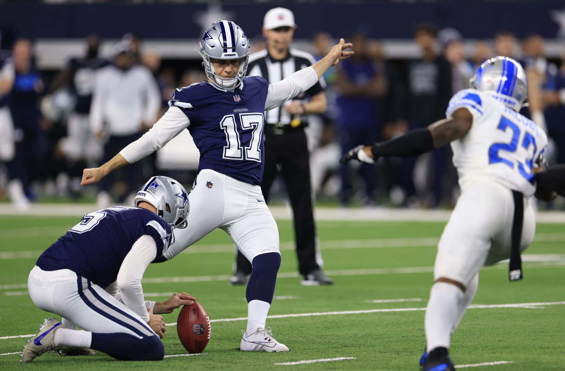 ARLINGTON, TX - DECEMBER 30: Brandon Aubrey #17 of the Dallas Cowboys kicks a field goal against the Detroit Lions at AT&T Stadium on December 30, 2023 in Arlington, Texas. (Photo by Ron Jenkins/Getty Images)